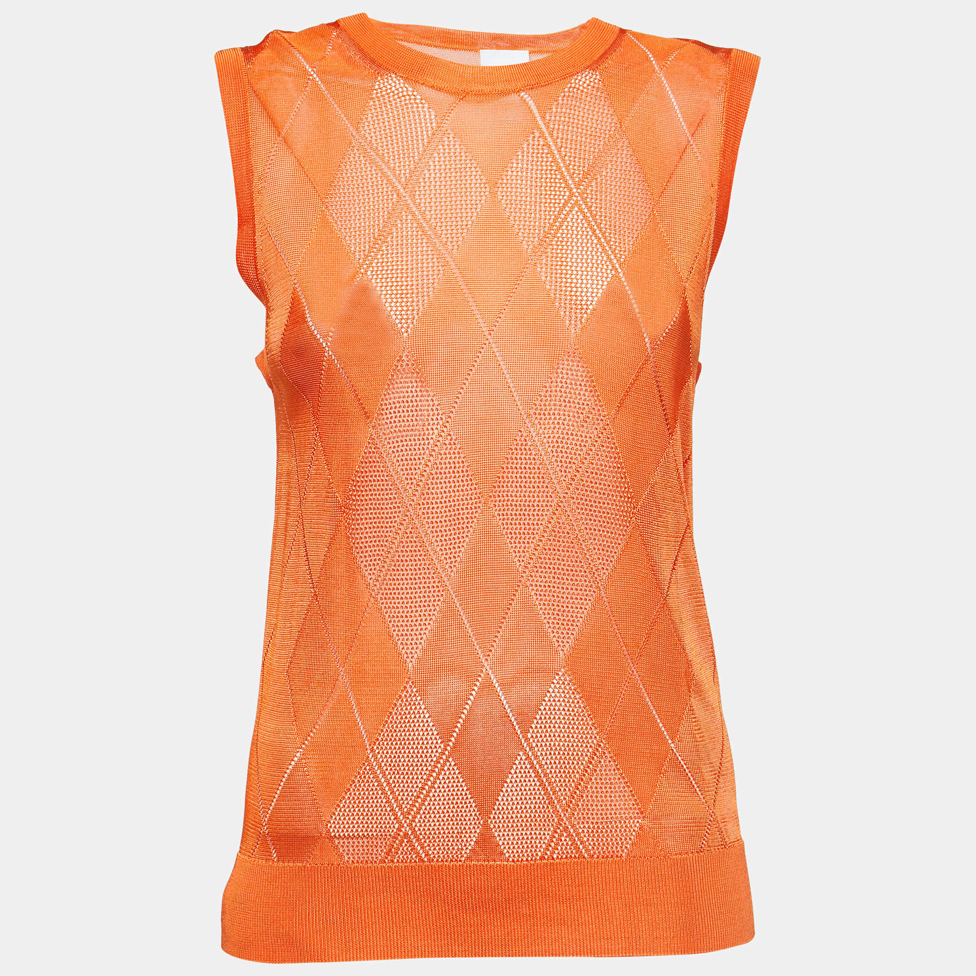 Pre Owned Burberry Orange Diamond Patterned Knit Sleeveless Top M