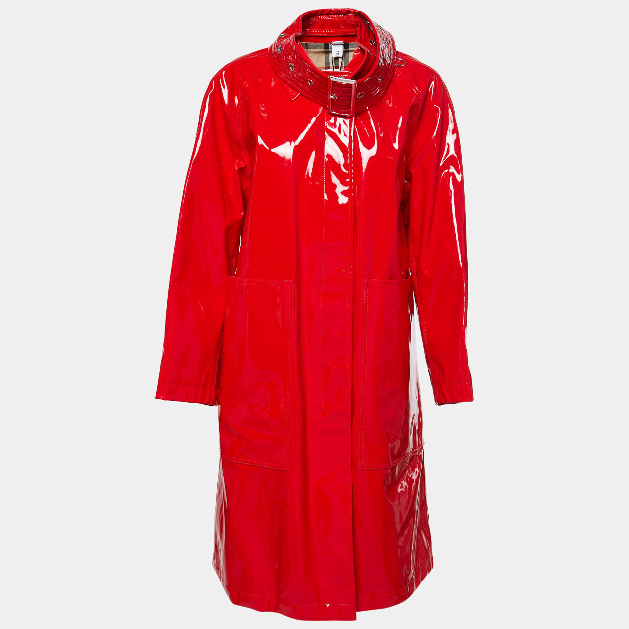Pre Owned Burberry Red Glossed-Vinyl Belt Detailed Coat S