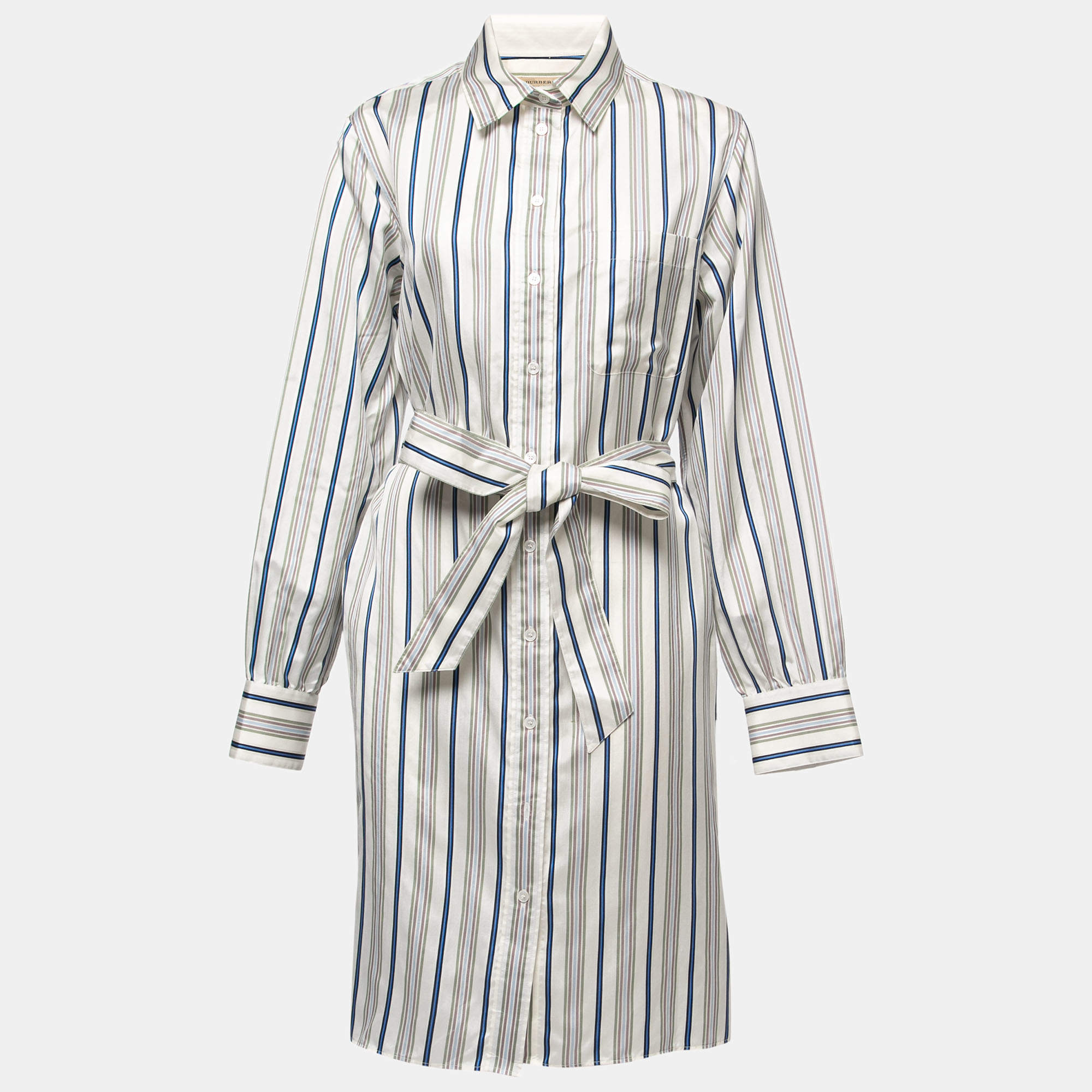 Pre Owned Burberry Multicolor Striped Silk Belted Shirt Midi Dress L
