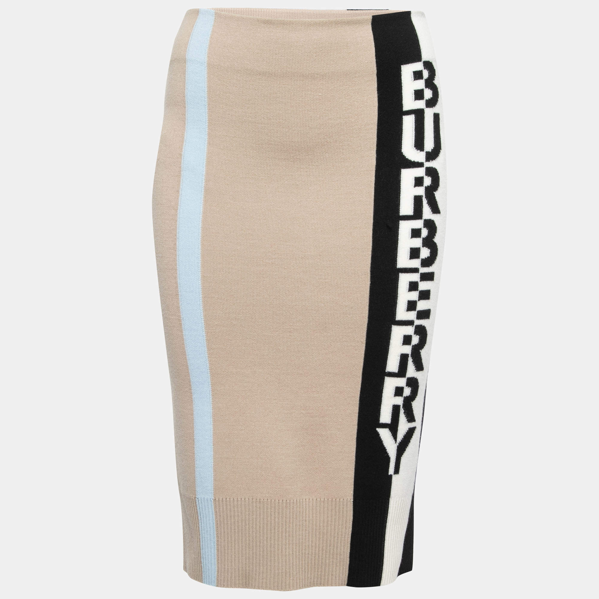 Pre Owned Burberry Beige Logo Jacquard Merino Wool Pencil Skirt S