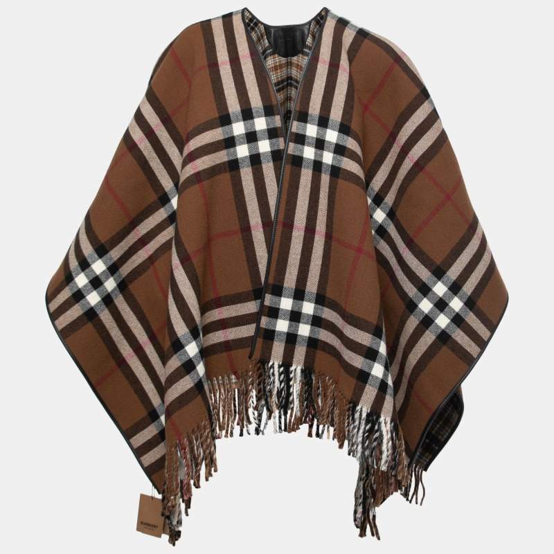 Burberry Brown Checked Wool Fringed Cape One Size