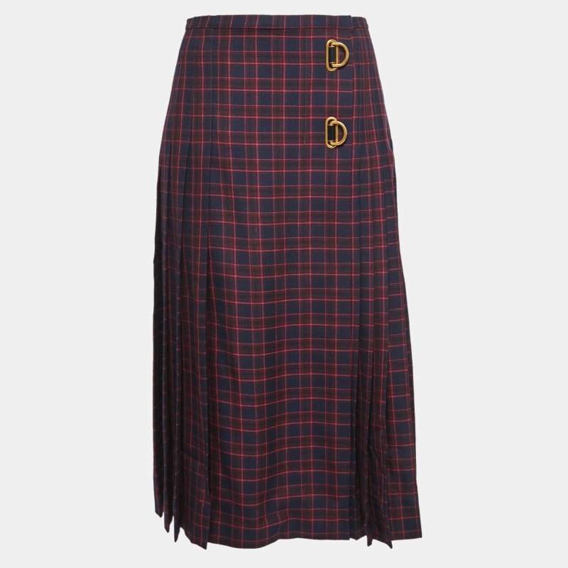 Pre Owned Burberry Navy Blue Checked Wool Arroux Pleated Skirt S