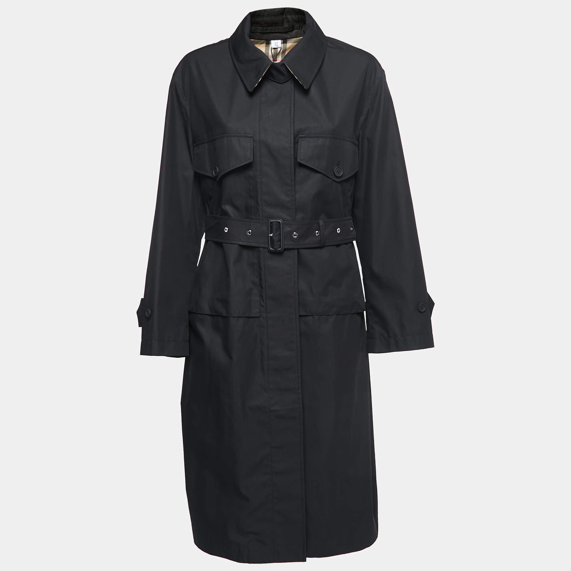 Pre Owned Burberry Black Gabardine Swingate Belted Trench Coat S