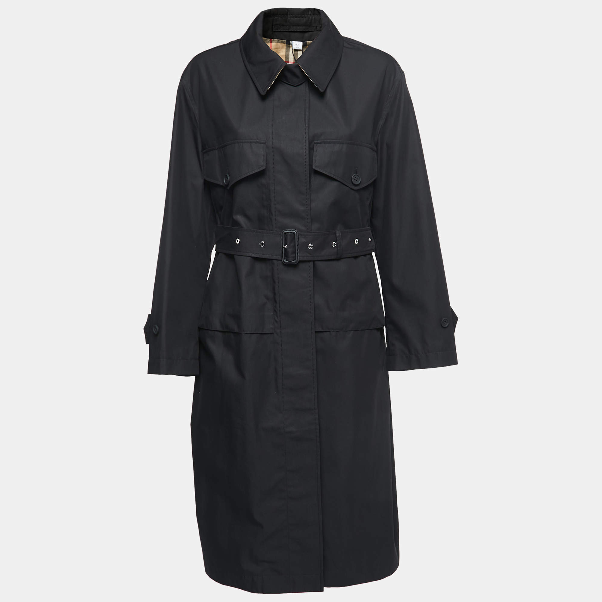 Pre Owned Burberry Black Gabardine Swingate Belted Trench Coat L