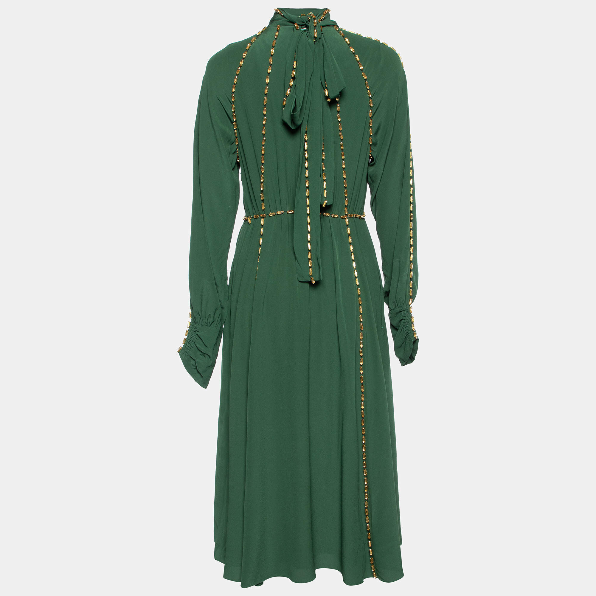 Burberry Green Silk Crystal Embellished Long Sleeve Gown S