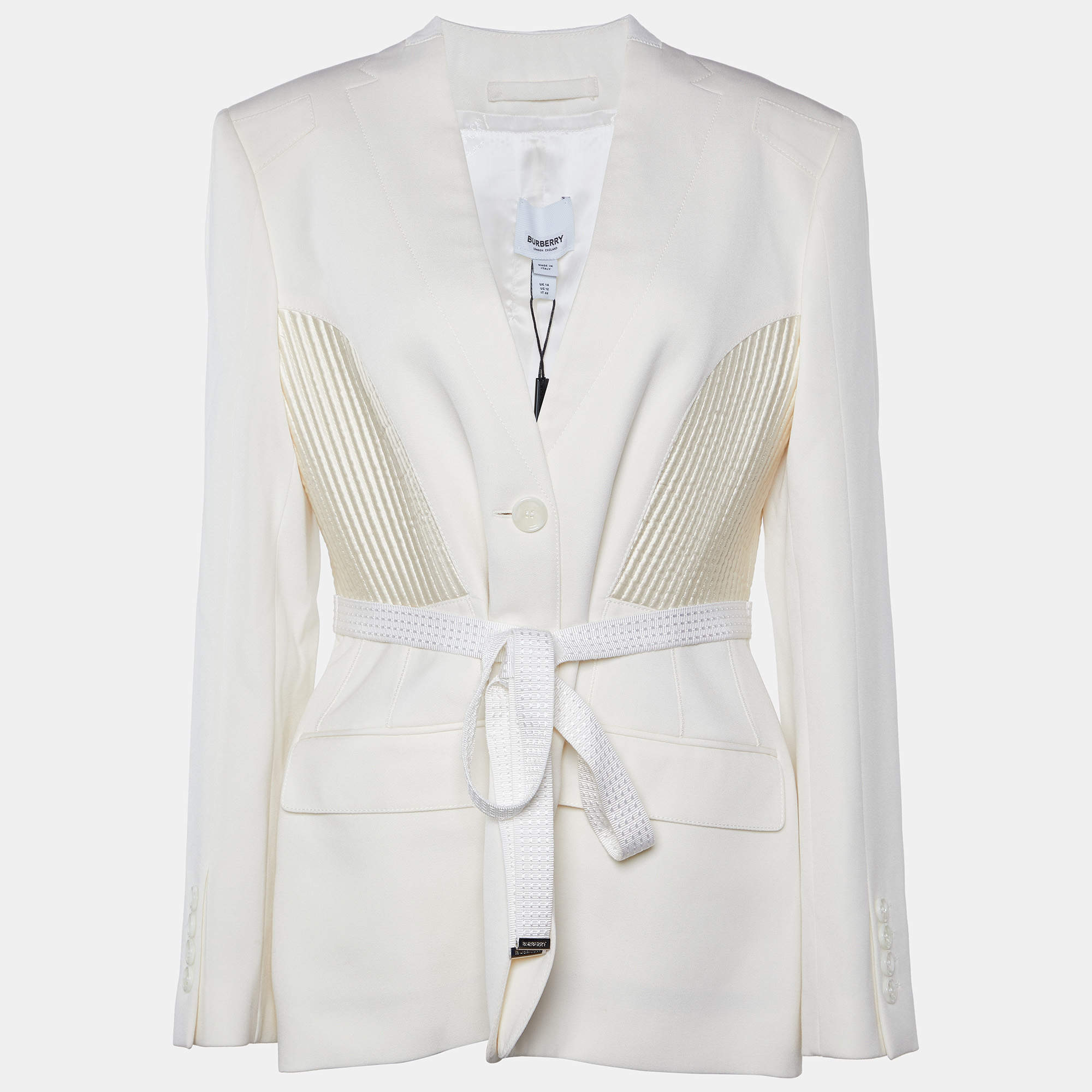 Pre Owned Burberry Off-White Wool Quilted Detail Belted Blazer L