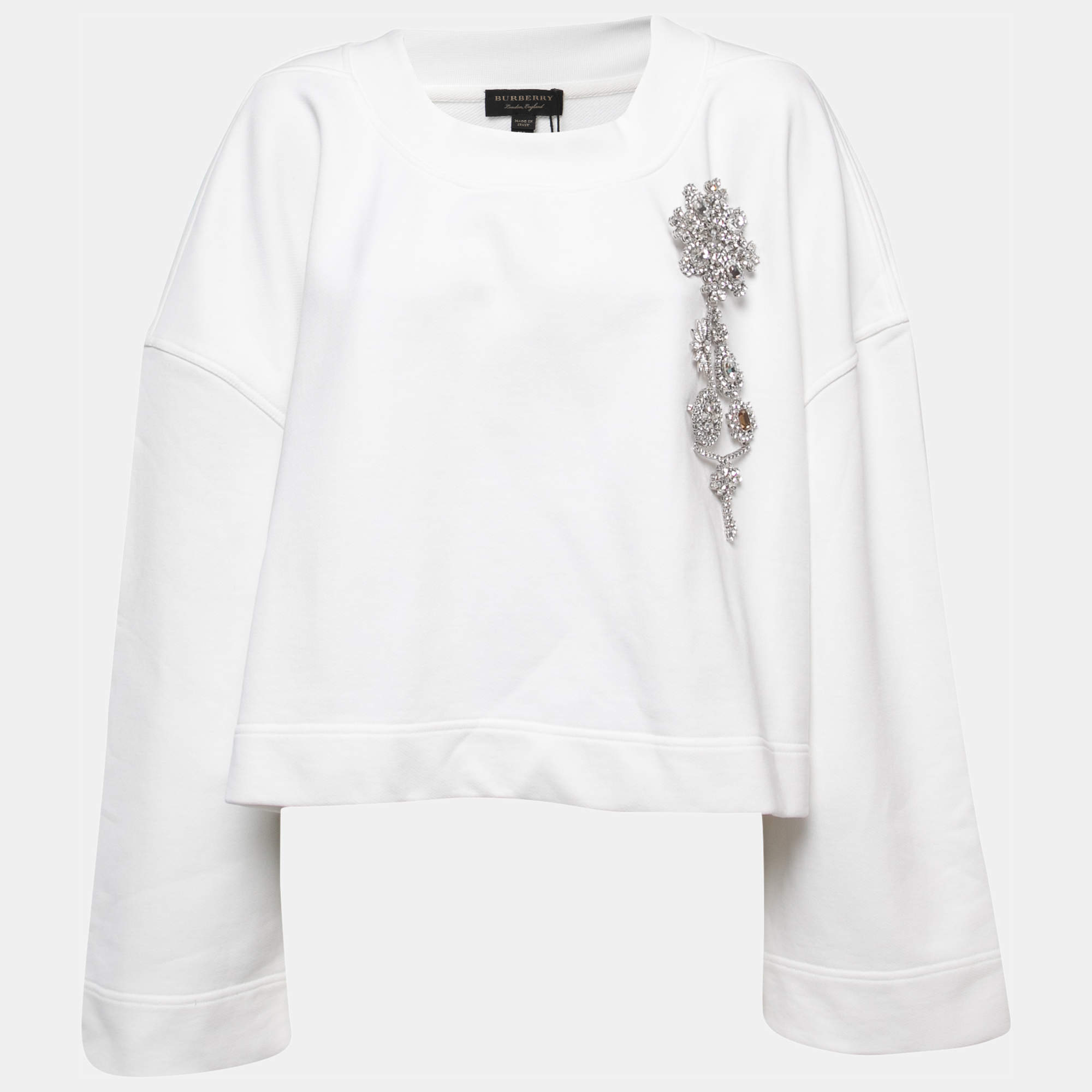 Pre Owned Burberry White Cotton Crystals Embellished Brooch Detailed Sweatshirt XL 
