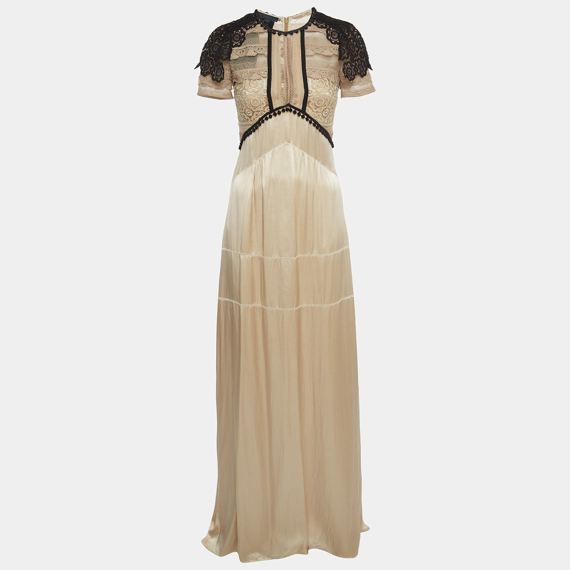 Pre Owned Burberry Beige Silk & Lace Semi Sheer Maxi Dress S