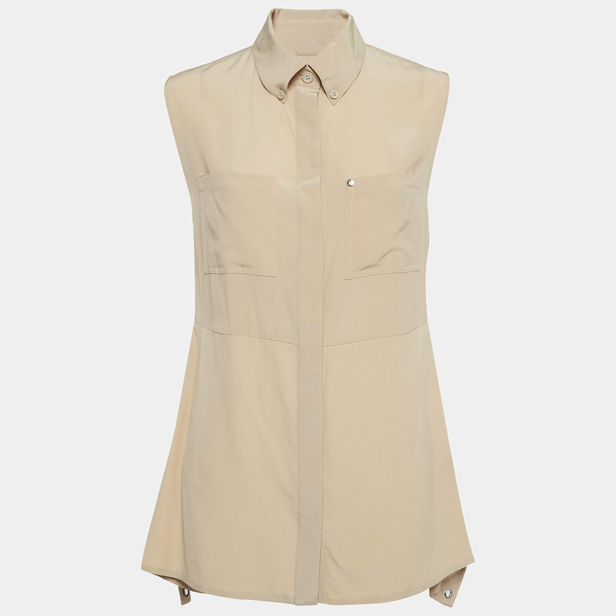 Burberry Beige Silk Buttoned A-Line Sleeveless Shirt Blouse S