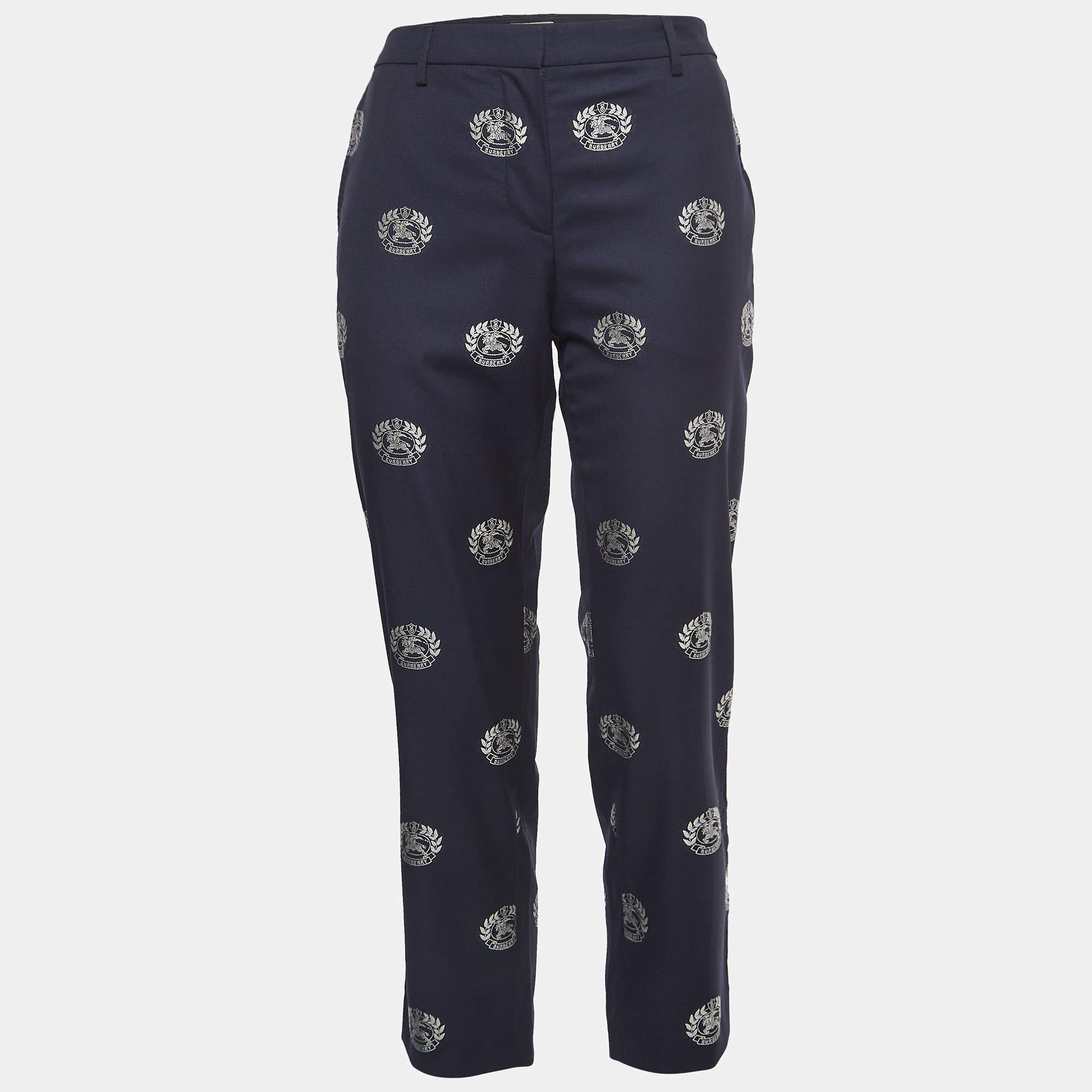 Burberry Navy Blue Brand Logo Jacquard Casual Trousers S