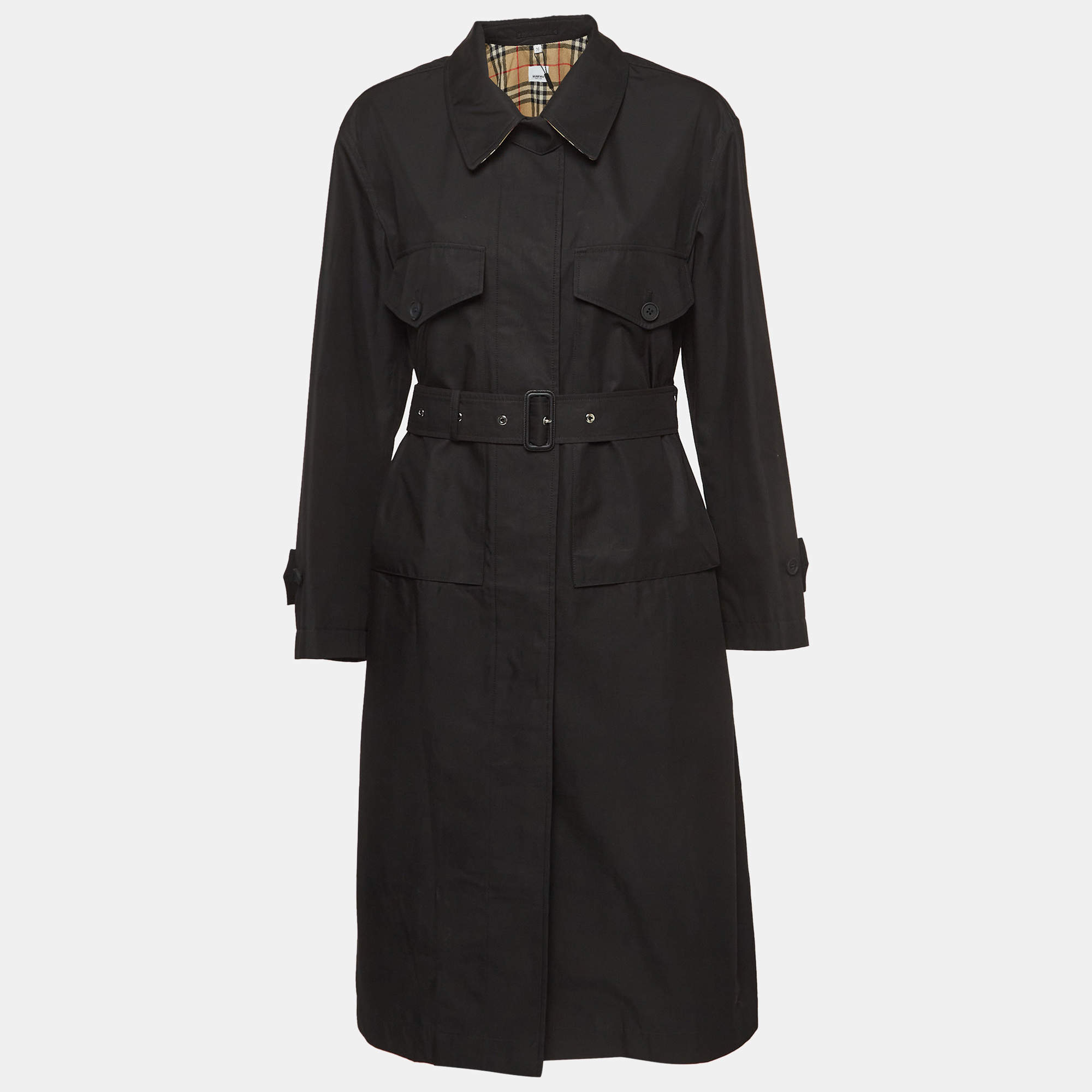 Pre Owned Burberry Black Gabardine Swingate Belted Trench Coat M