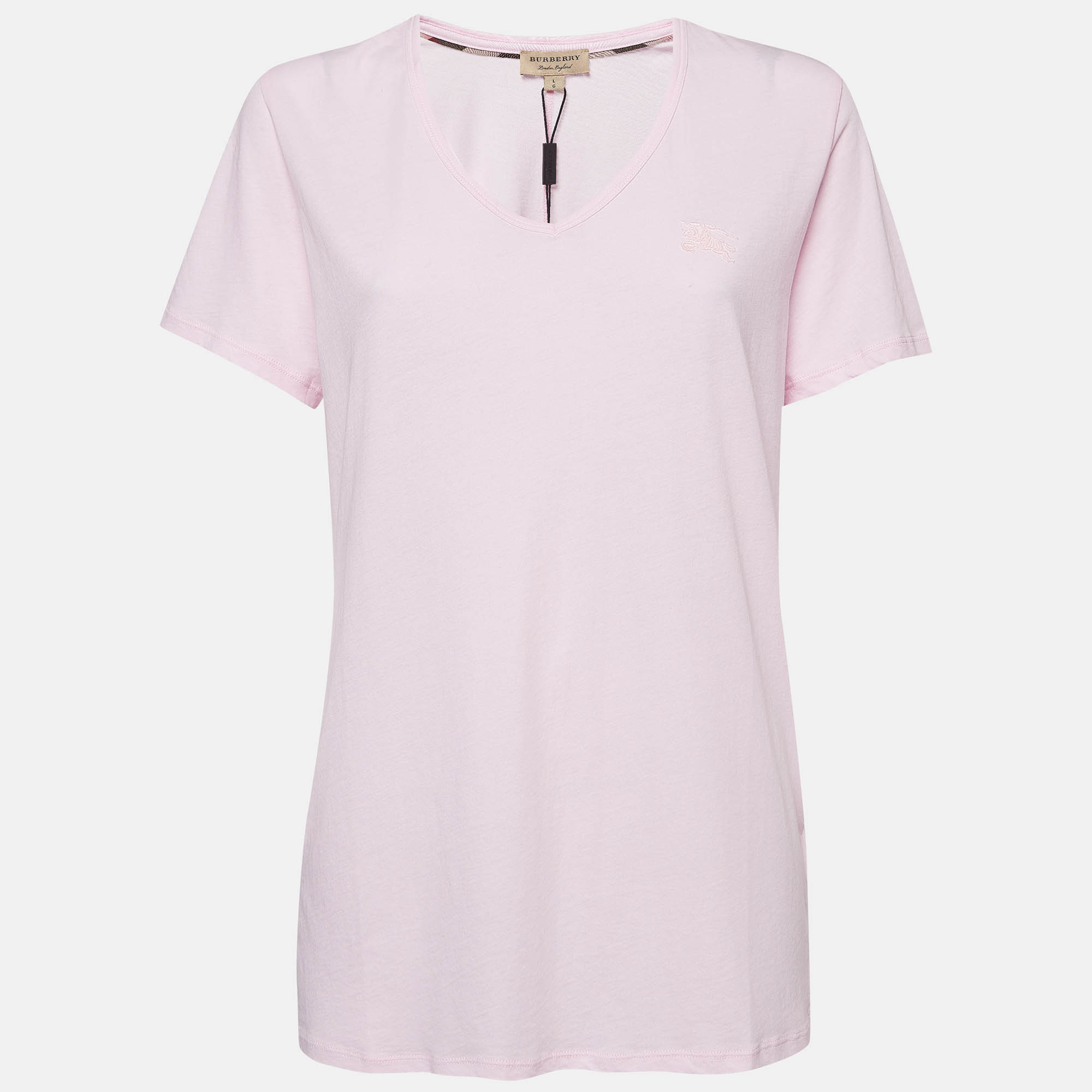 Pre Owned Burberry Pink Embroidered Cotton V-Neck T-Shirt L   