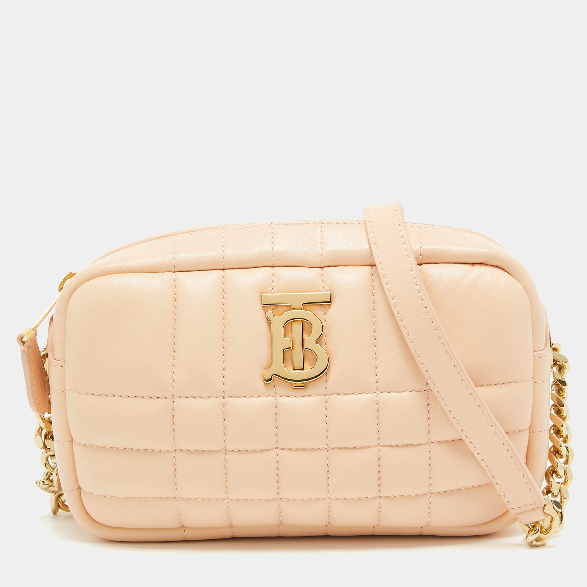 Burberry Peach Pink Quilted Leather Mini Lola Camera Bag