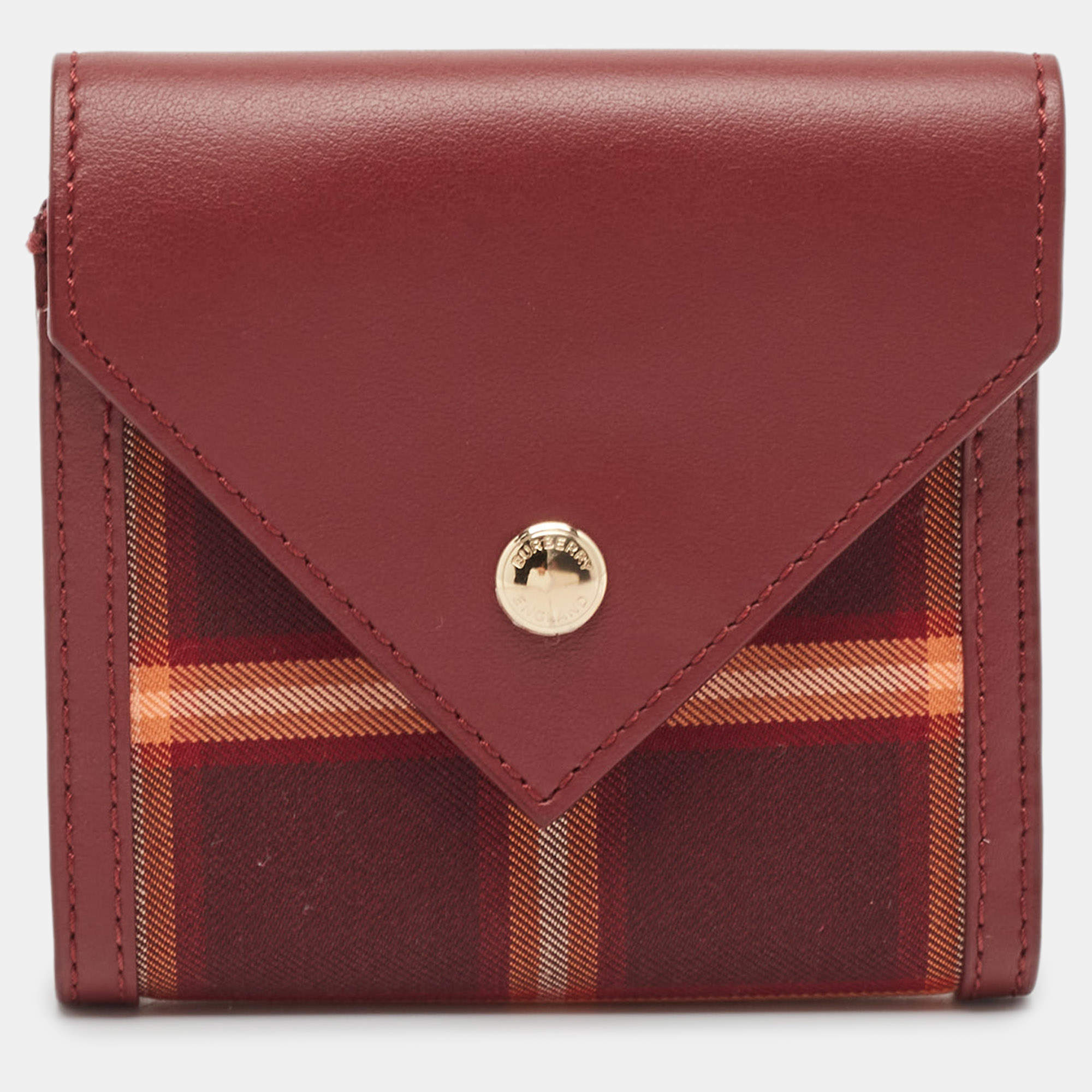 Pre Owned Burberry Burgundy Check Canvas and Leather Lila Trifold Wallet