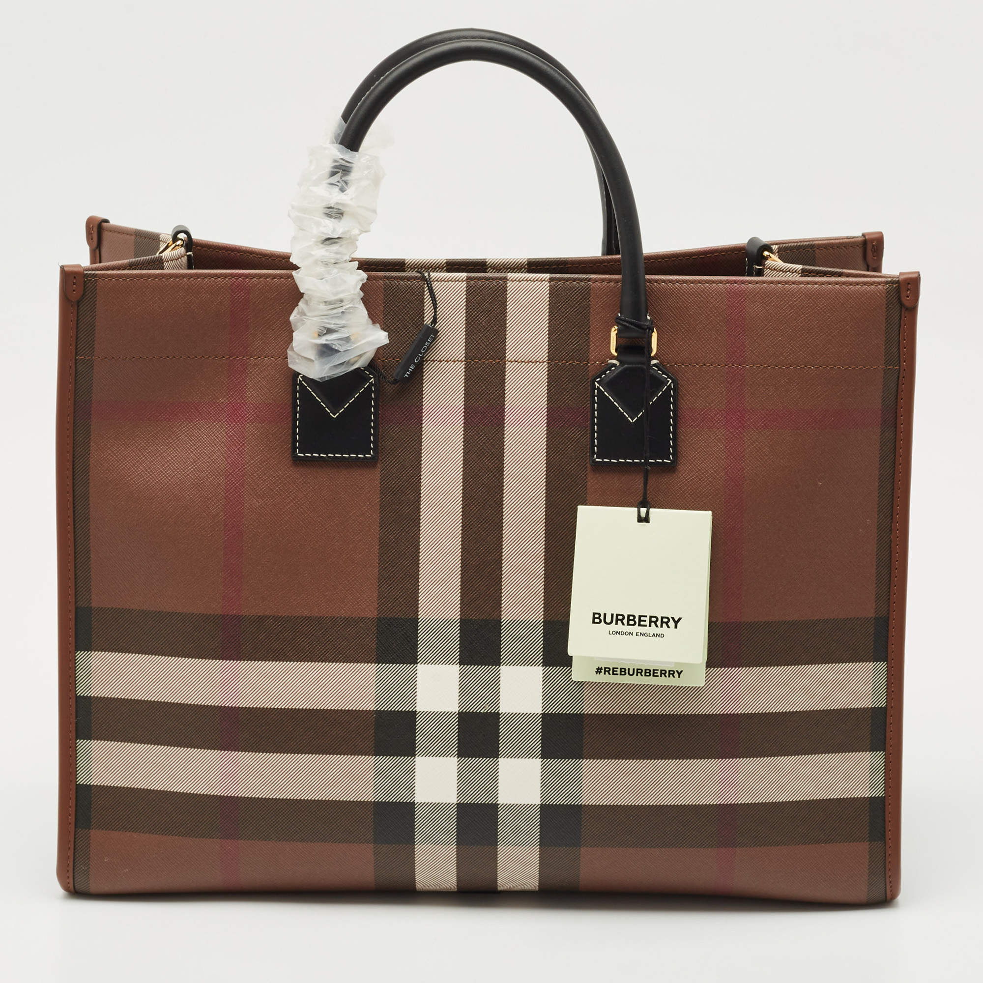 Pre Owned Burberry Brown/Black Check Coated Canvas and Leather Medium Freya Tote