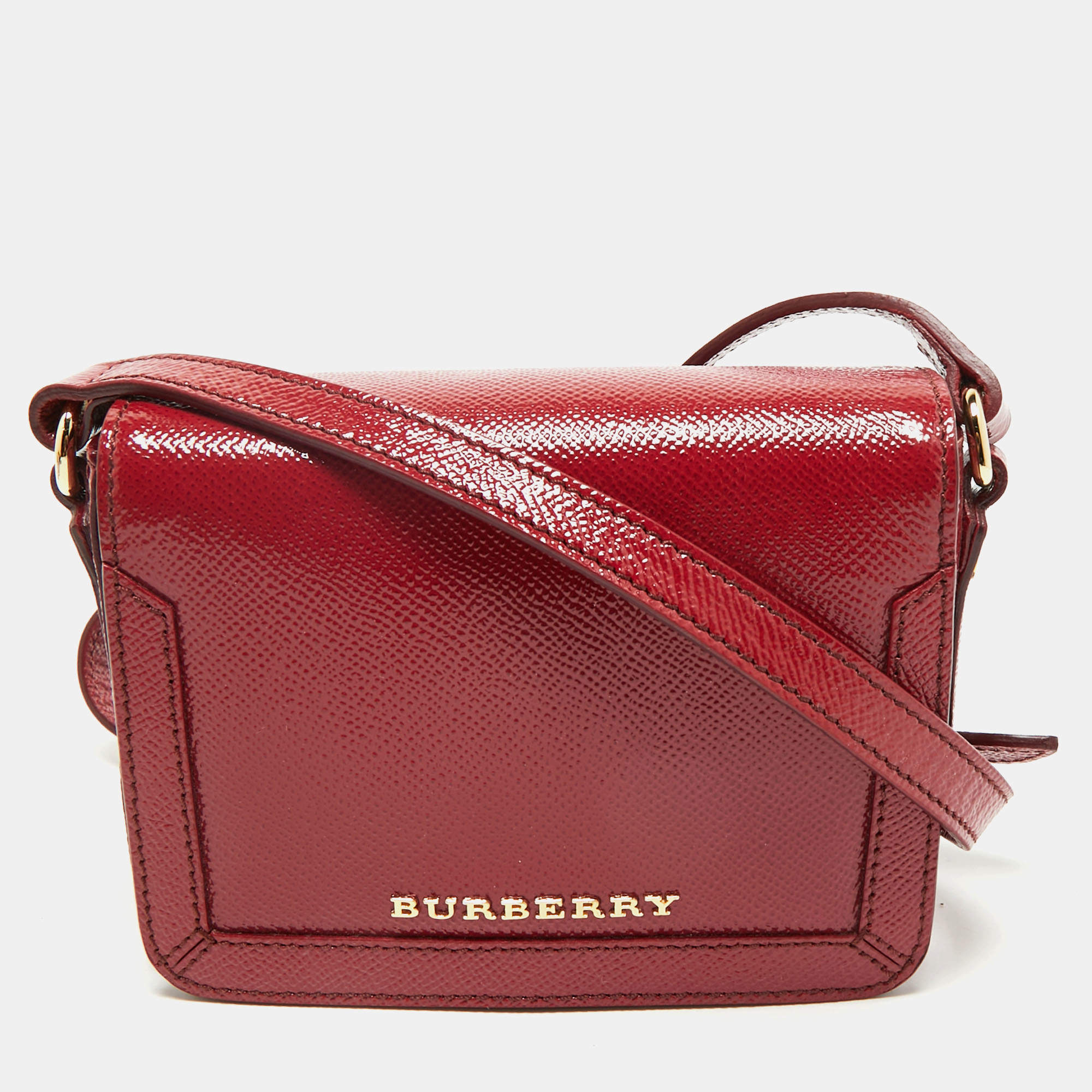 Pre Owned Burberry Red Patent Leather Mini Berkeley Crossbody Bag