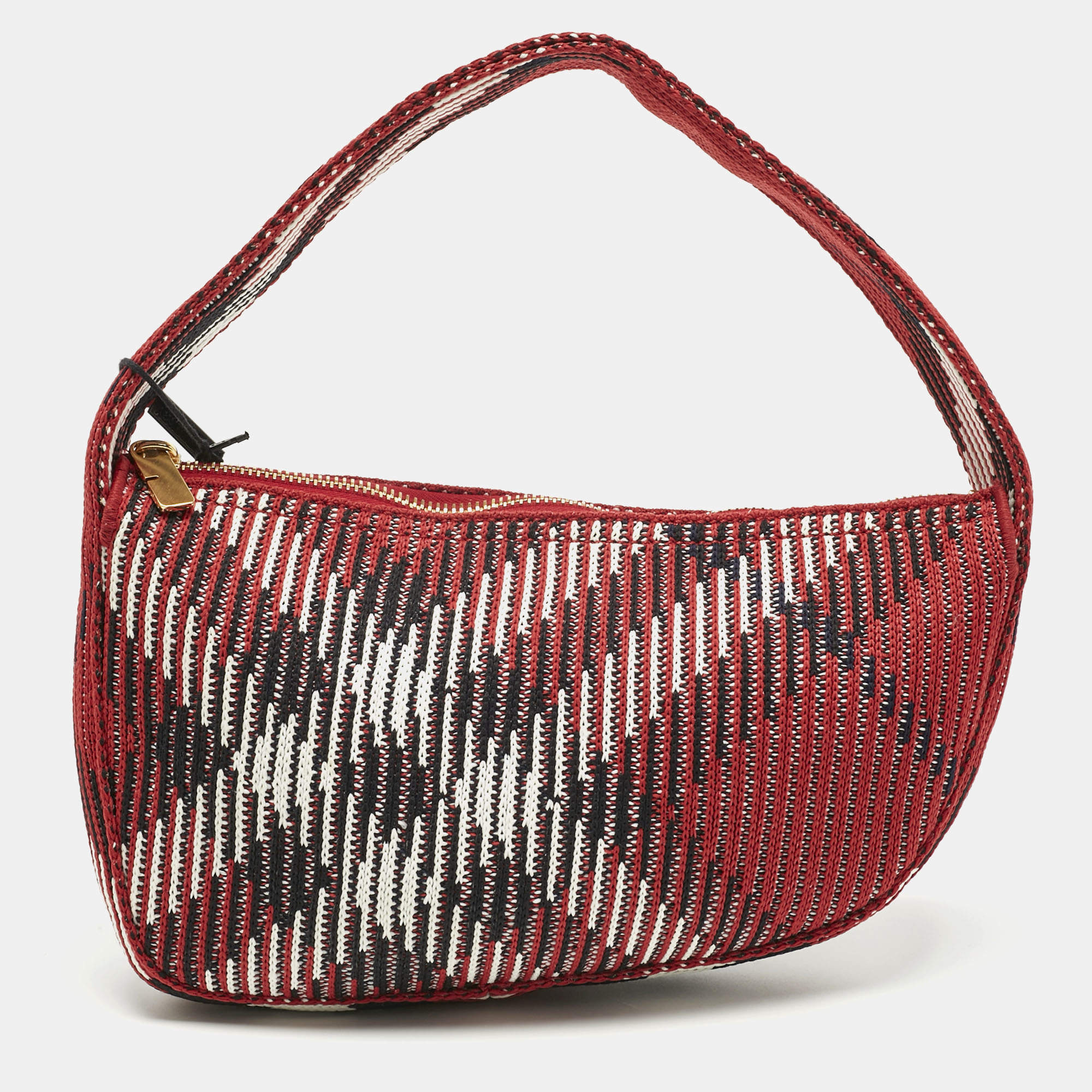 Pre Owned Burberry Red Check Knit Fabric Mini Baguette Bag 
