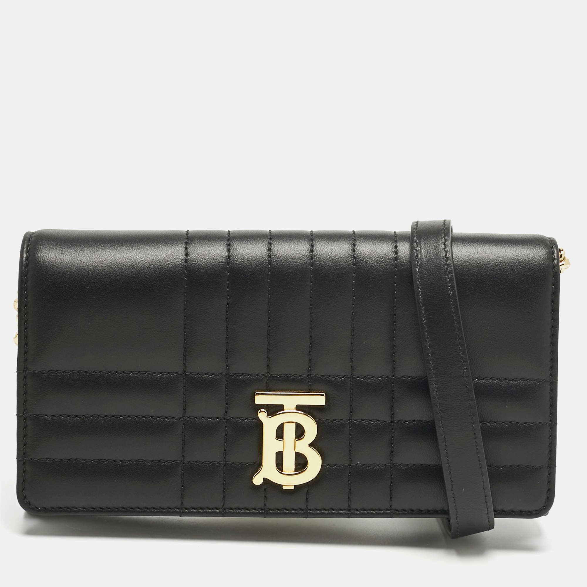 Pre Owned Burberry Black Quilted Leather Lola Wallet On Chain