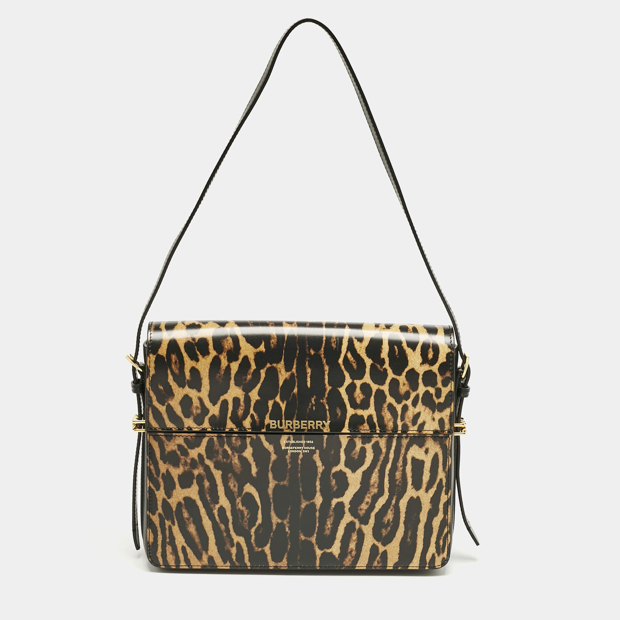 Pre Owned Burberry Black/Brown Leopard Print Glossy Leather Large Grace Shoulder Bag