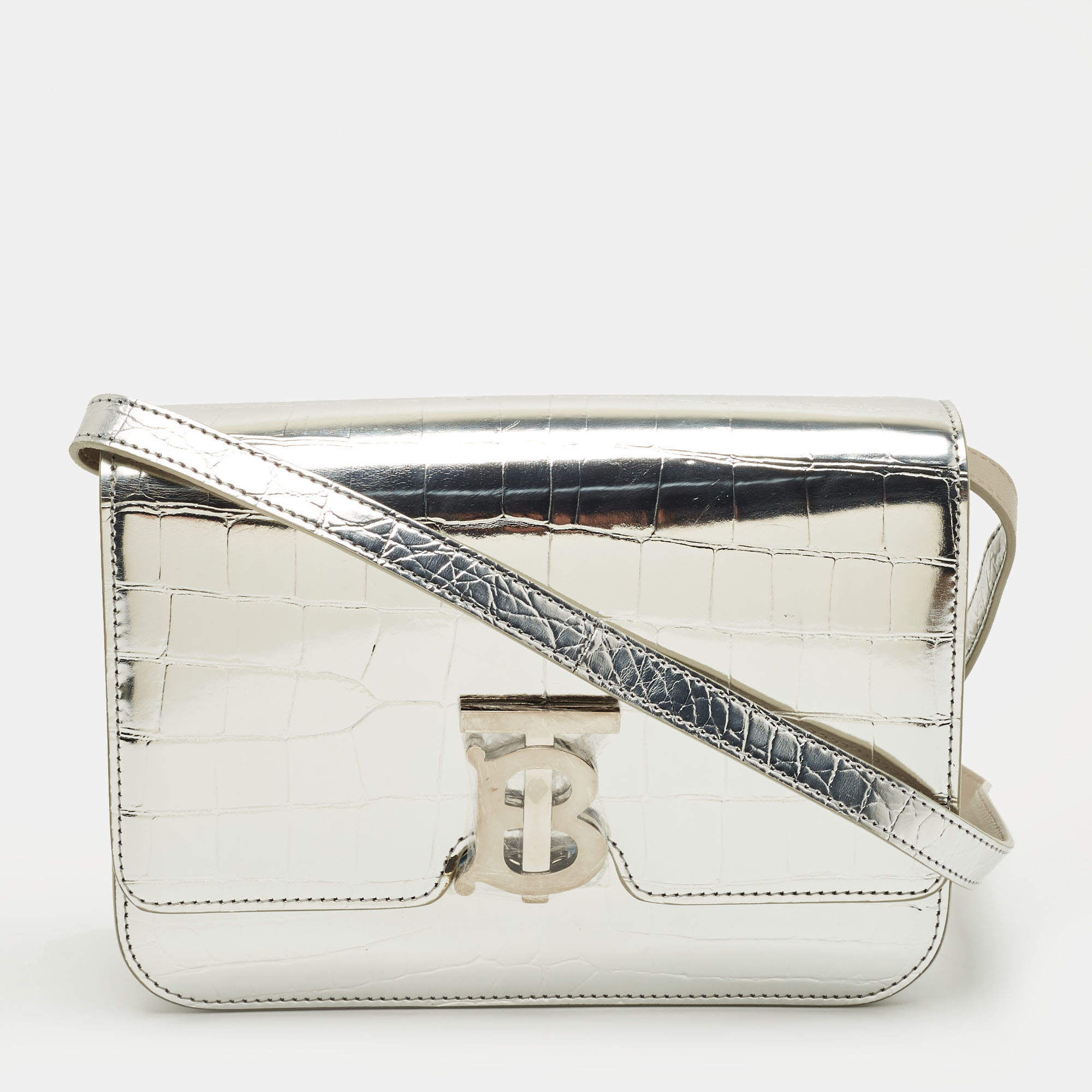 Pre Owned Burberry Silver Croc Embossed Patent Leather Small TB Shoulder Bag