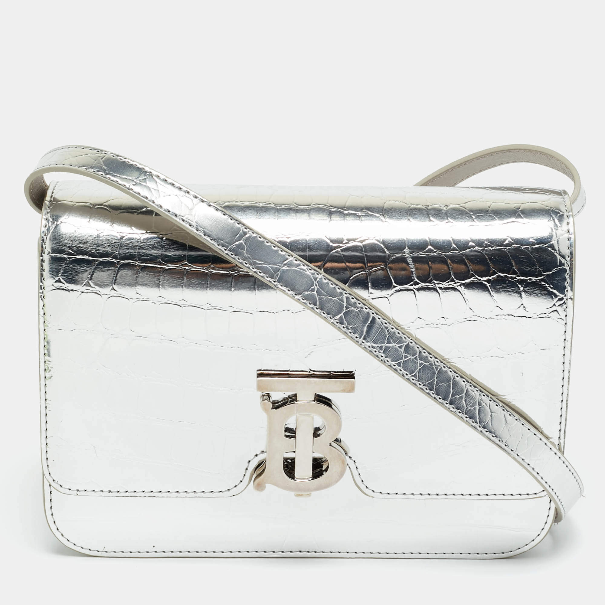 Pre Owned Burberry Silver Croc Embossed Patent Leather Small TB Shoulder Bag