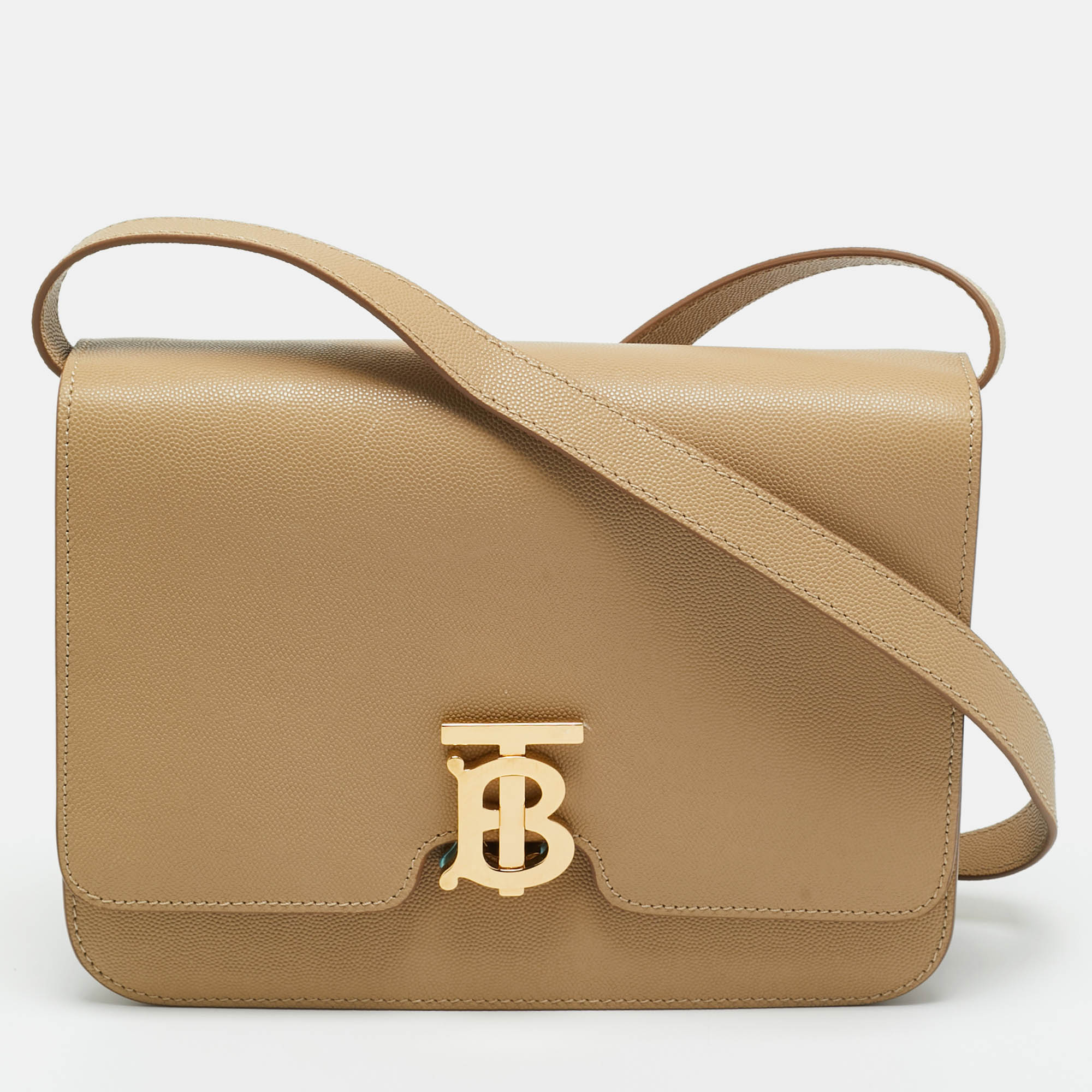 Pre Owned Burberry Beige Grain Leather Medium TB Shoulder Bag