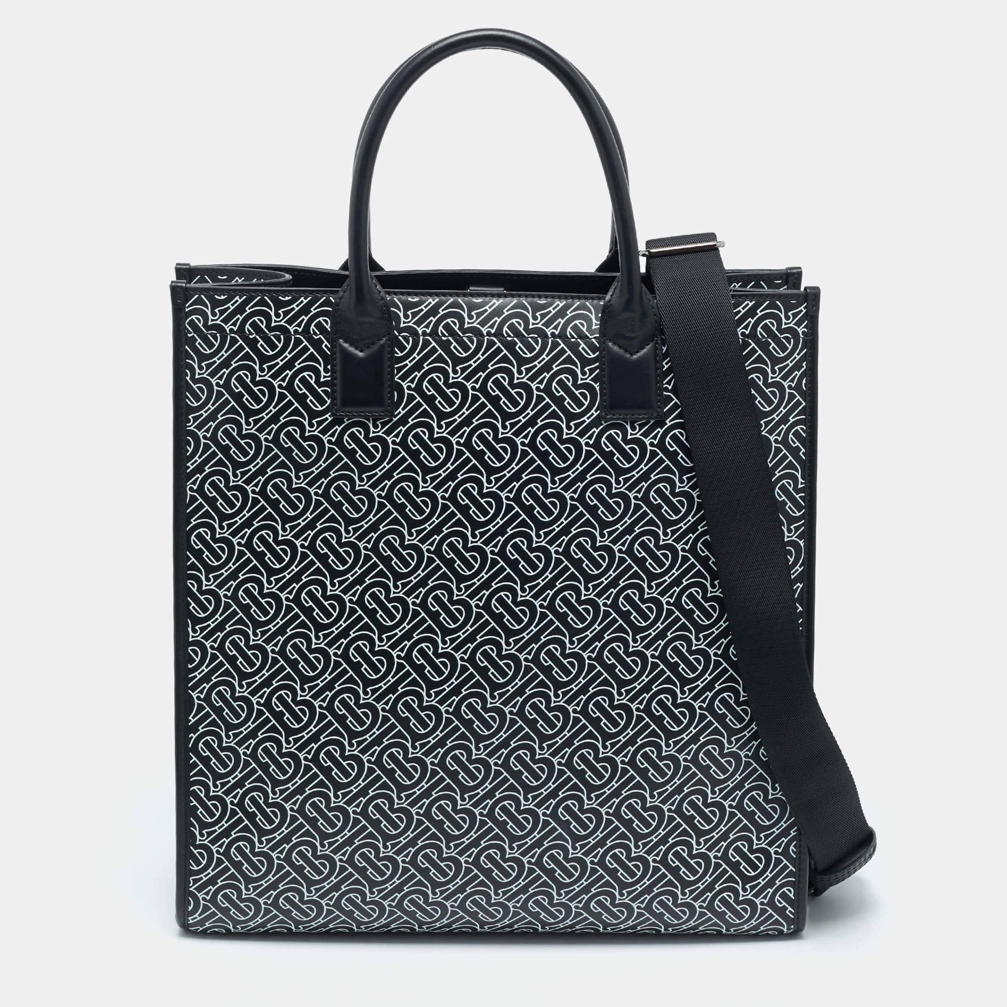 Pre Owned Burberry Black/White TB Logo Leather Vertical Denny Tote