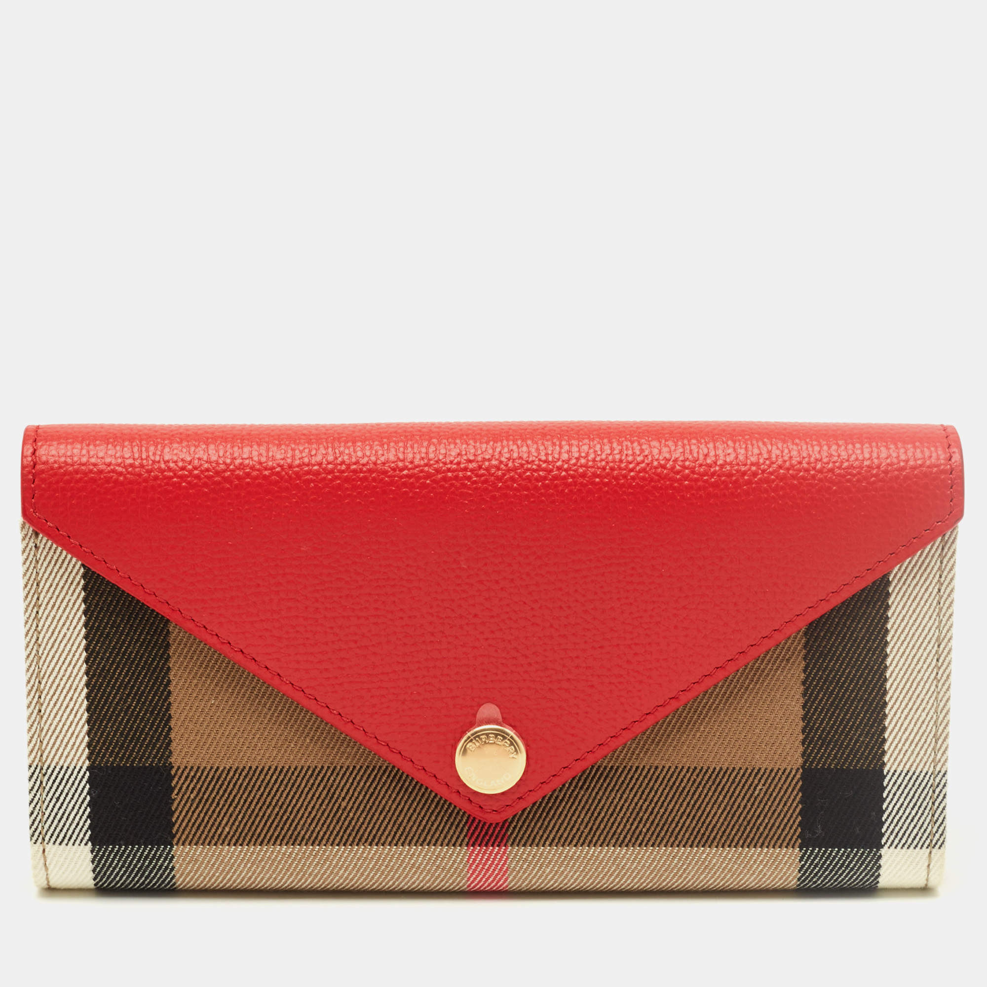 مملوكة مسبقًا Burberry Halton Red/Beige Leather and House Check Canvas Continental Wallet