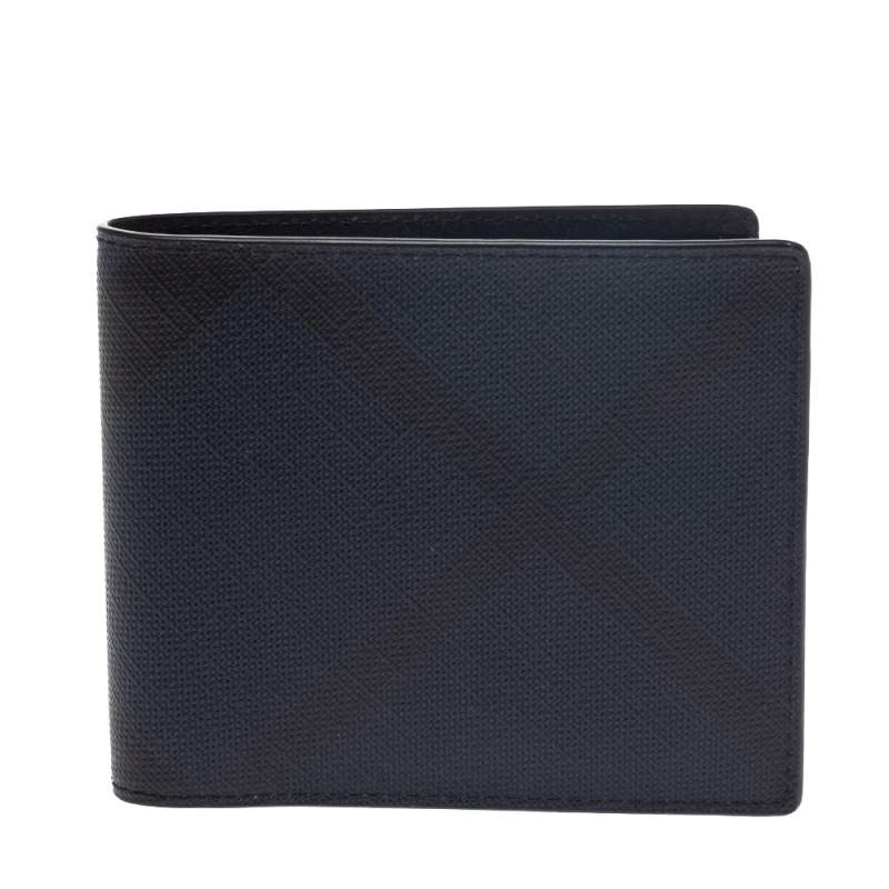 مملوكة مسبقًا Burberry Navy Blue Check Coated Canvas Bill Bifold Wallet