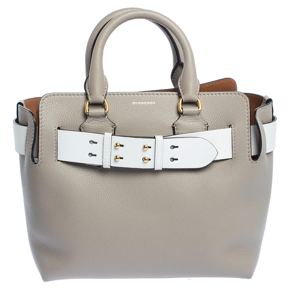 Pre Owned Burberry Mineral Grey Leather Small Belt Tote