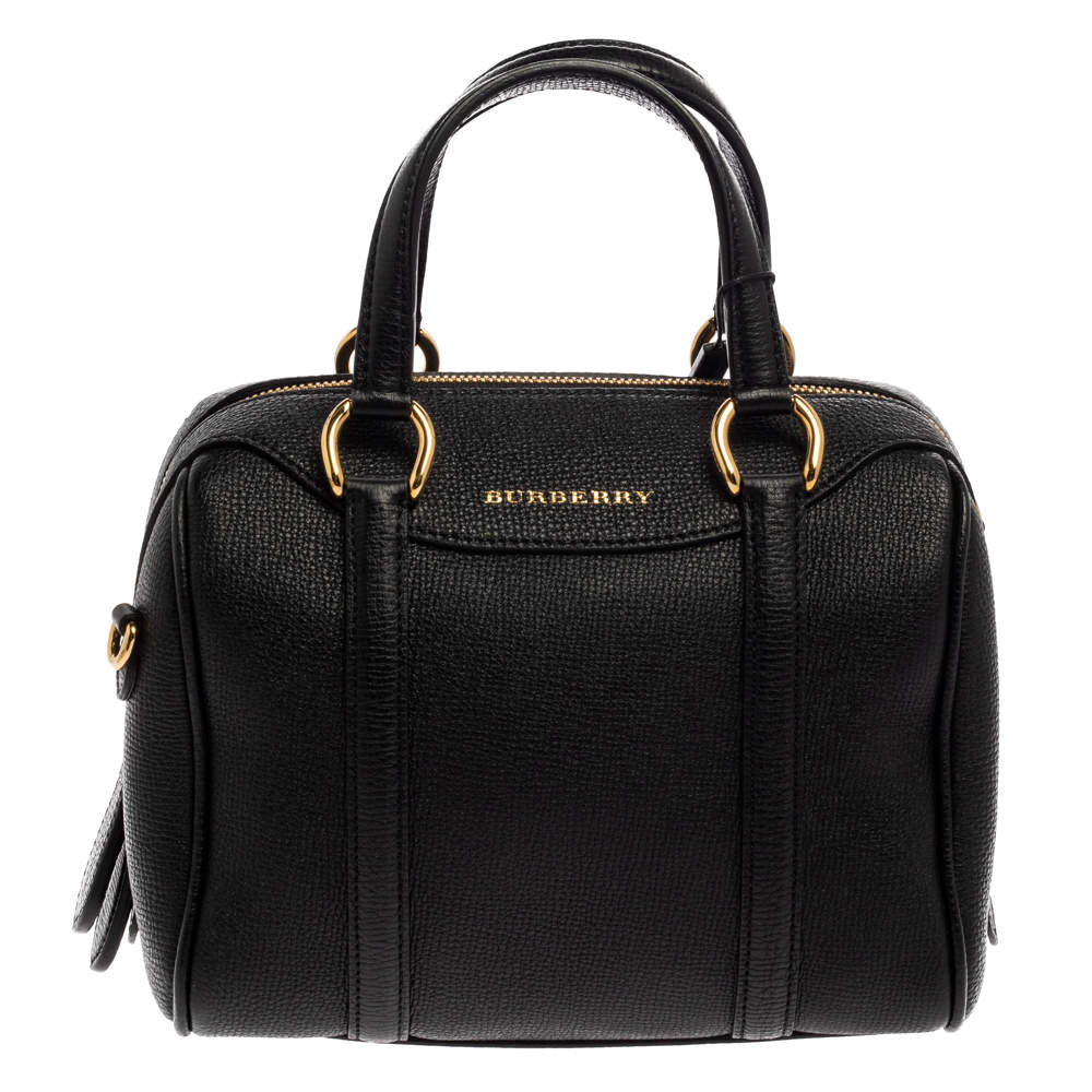 Pre Owned Burberry Black Textured Leather Small Boston Bag