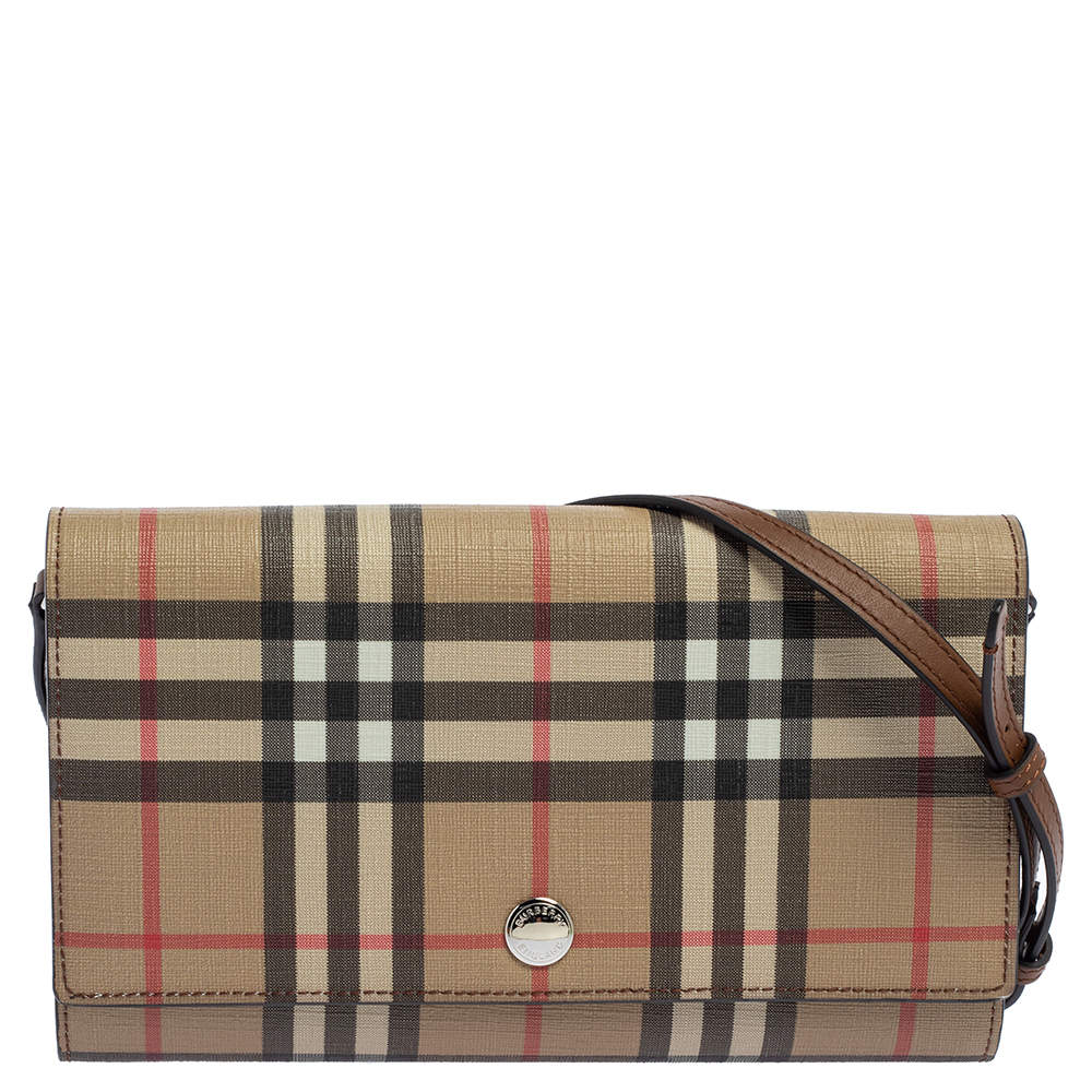 Pre Owned Burberry Malt Brown Vintage Check PVC Hannah Wallet On Strap