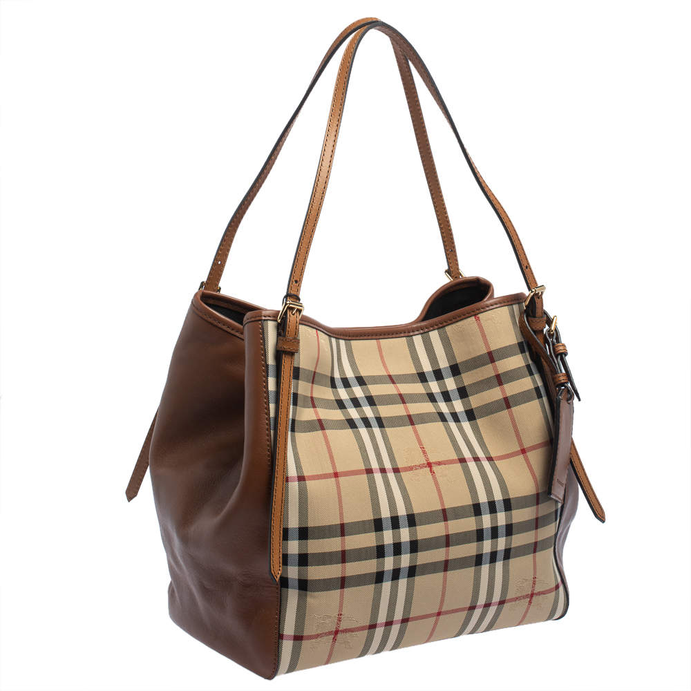 Burberry Dark Brown Leather Haymarket Check Coated Canvas Large Canterbury Tote  Bag - Yoogi's Closet