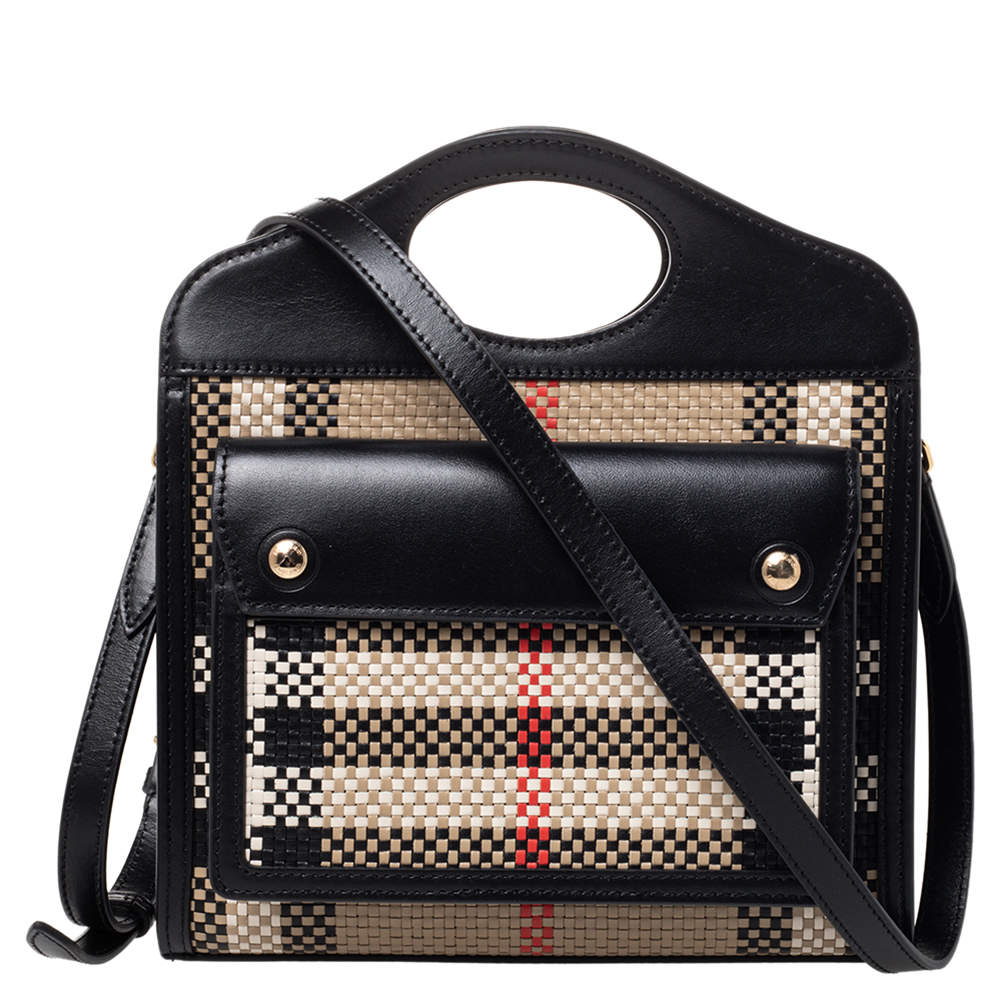 Pre Owned Burberry Black/Beige Latticed Leather Tote