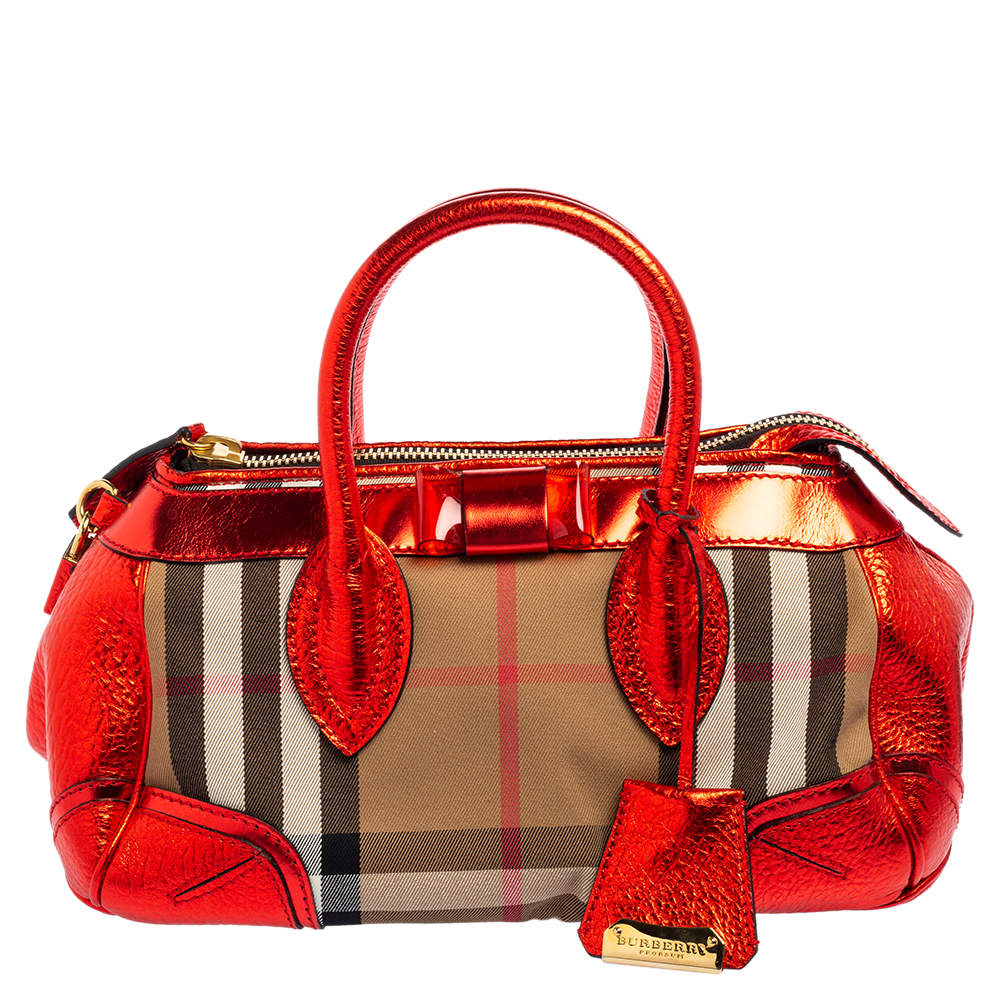 Pre Owned Burberry Metallic Red/Beige Nova Check Canvas and Leather Blaze Satchel