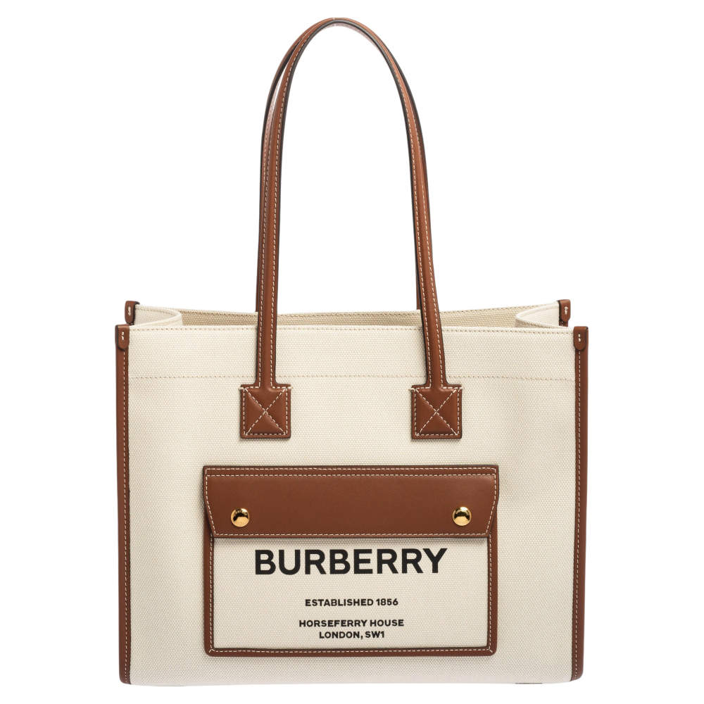 Burberry Beige/Brown Canvas And Leather Small Freya Tote
