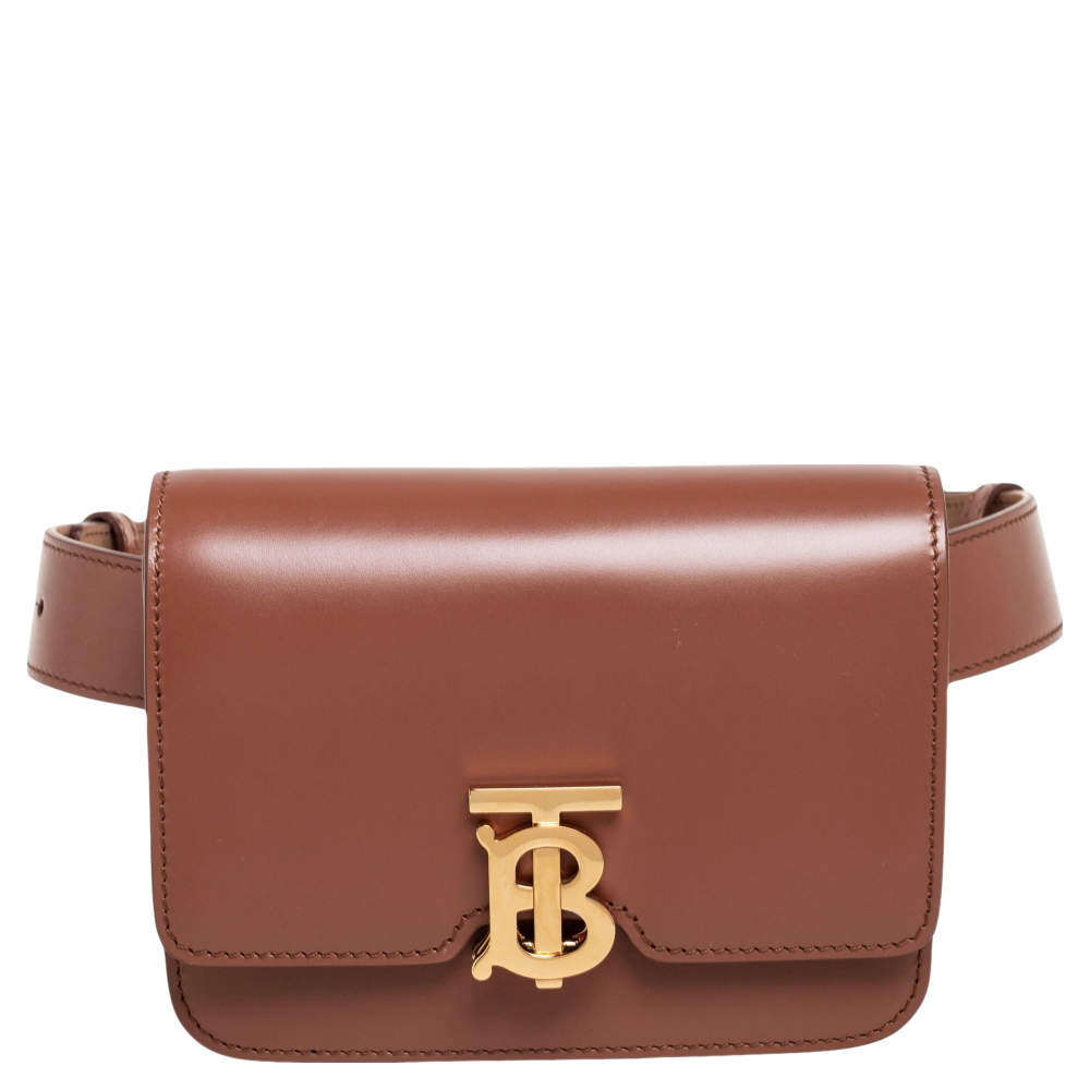 Pre Owned Burberry Brown Leather TB Mini Belt Bag