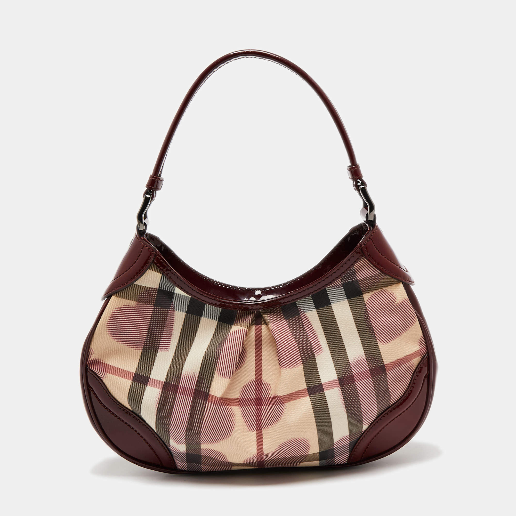 Pre Owned Burberry Red/Beige House Check Heart PVC and Patent Leather Brooklyn Hobo