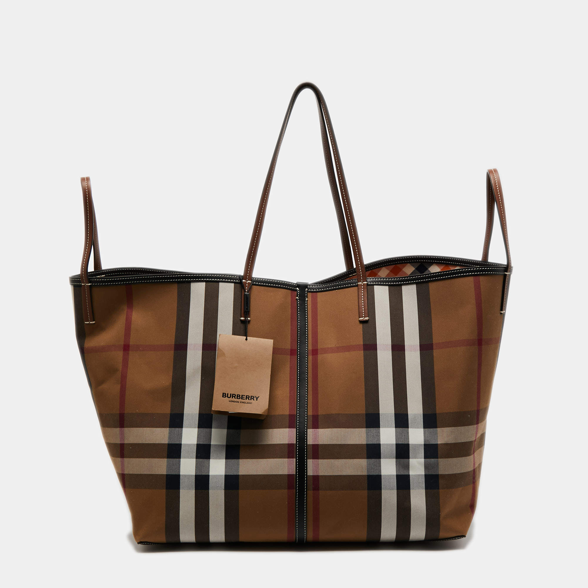 Pre Owned Burberry Birch Brown Check Canvas and Leather Extra Large Beach Tote
