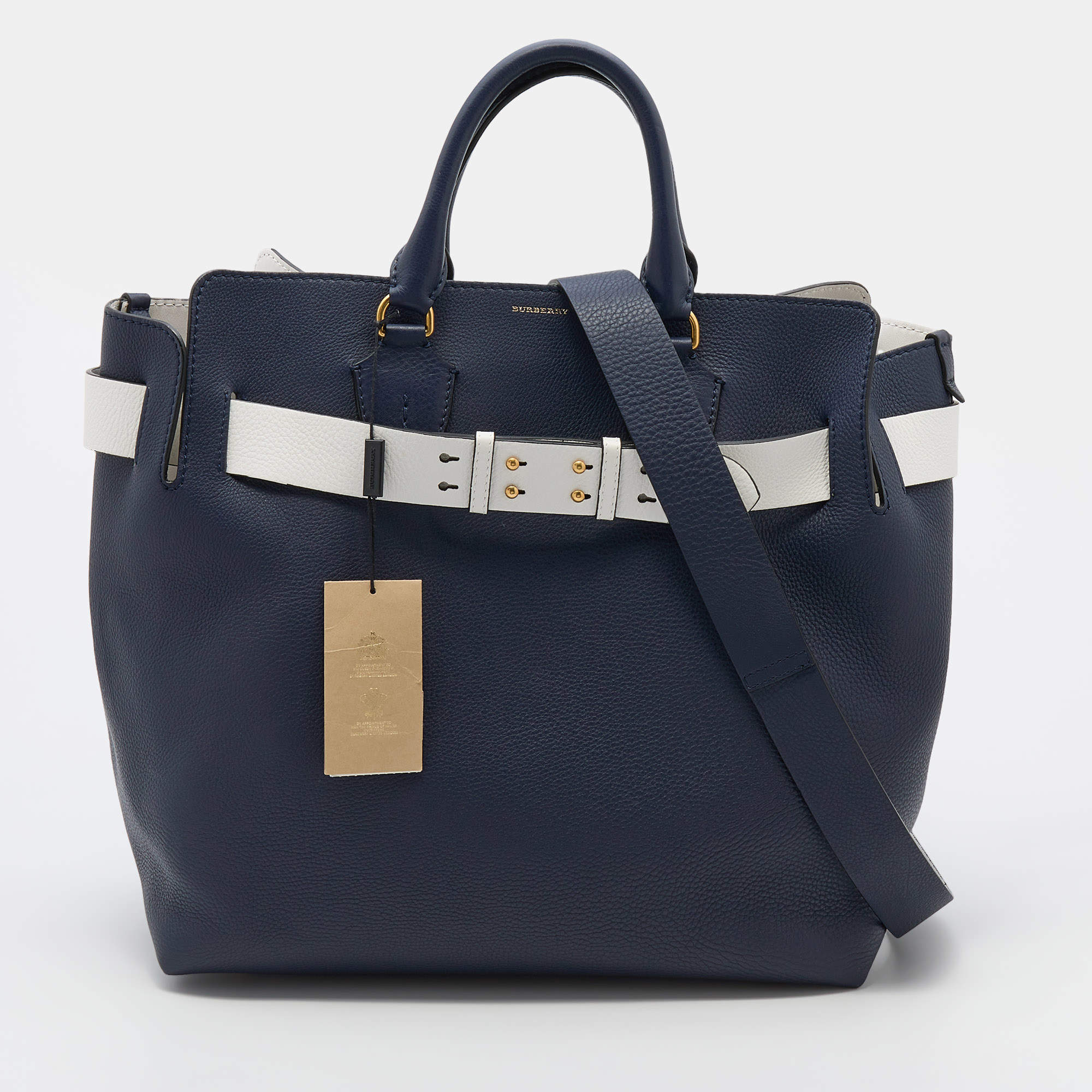 مملوكة مسبقًا Burberry Navy Blue/White Leather Large Belt Bag