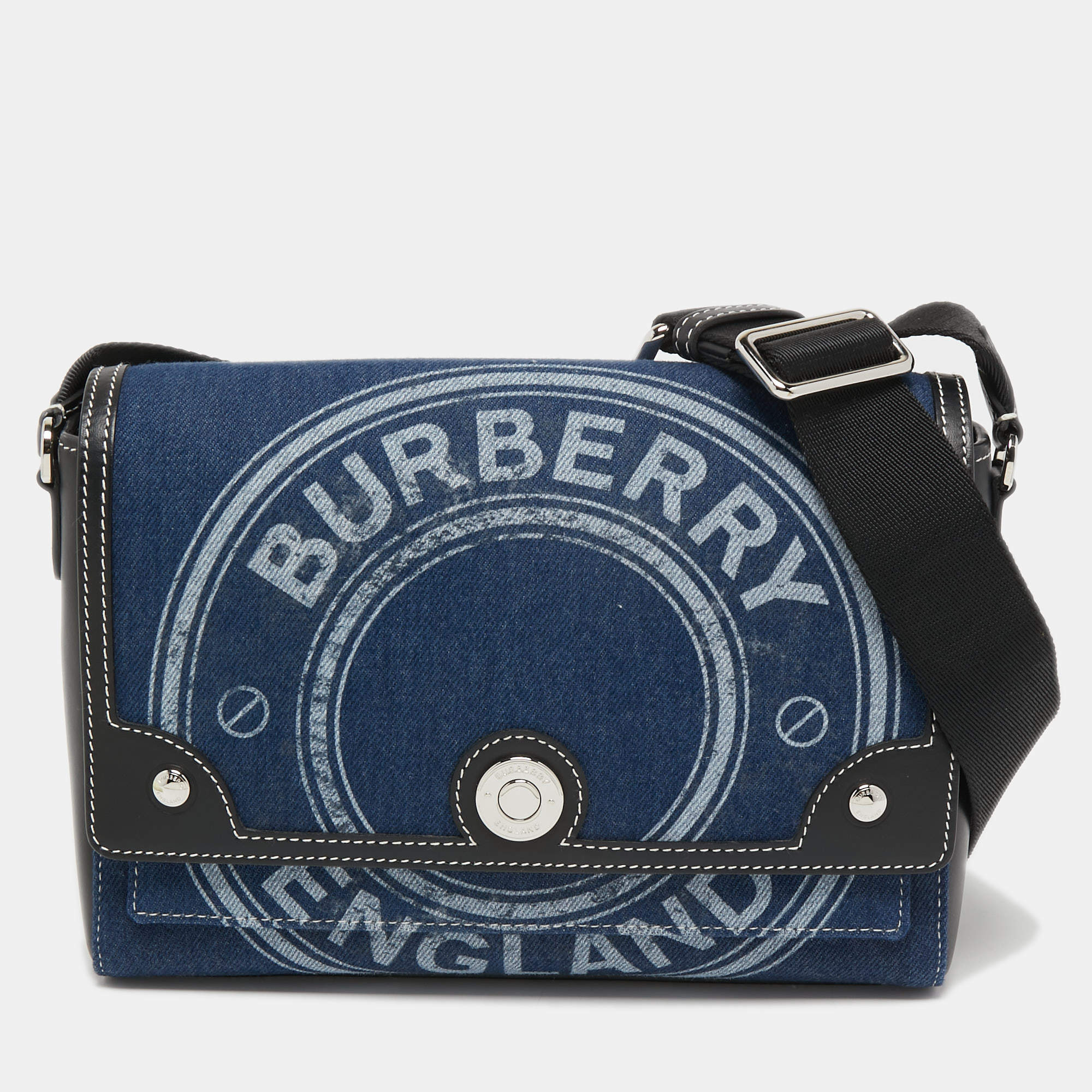 Pre Owned Burberry Blue/Black Denim And Leather Medium Note Logo Print Crossbody Bag