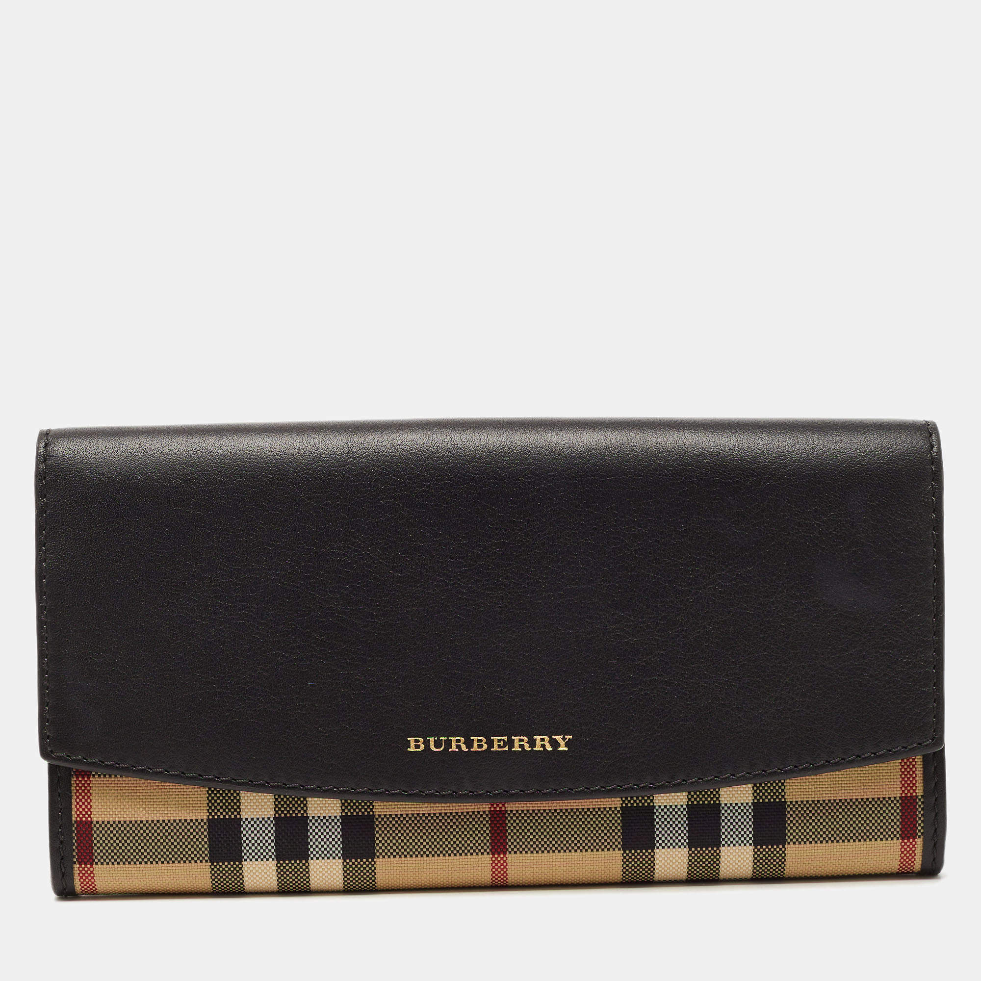 Burberry Black/Beige House Check Canvas and Leather Flap Continental Wallet