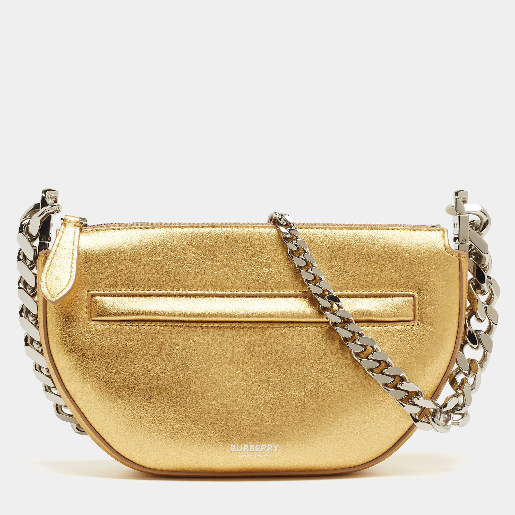 Pre Owned Burberry Gold Leather Mini Olympia Zip Chain Bag