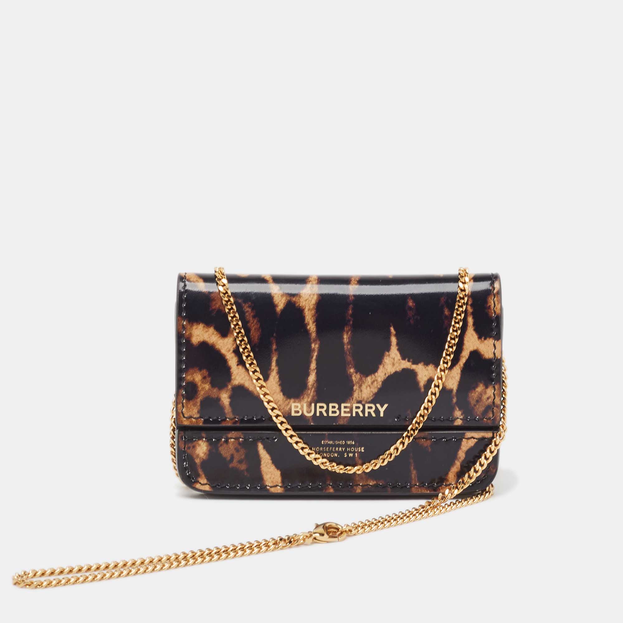 Burberry Black/Brown Leopard Print Leather Jody Chain Card Case