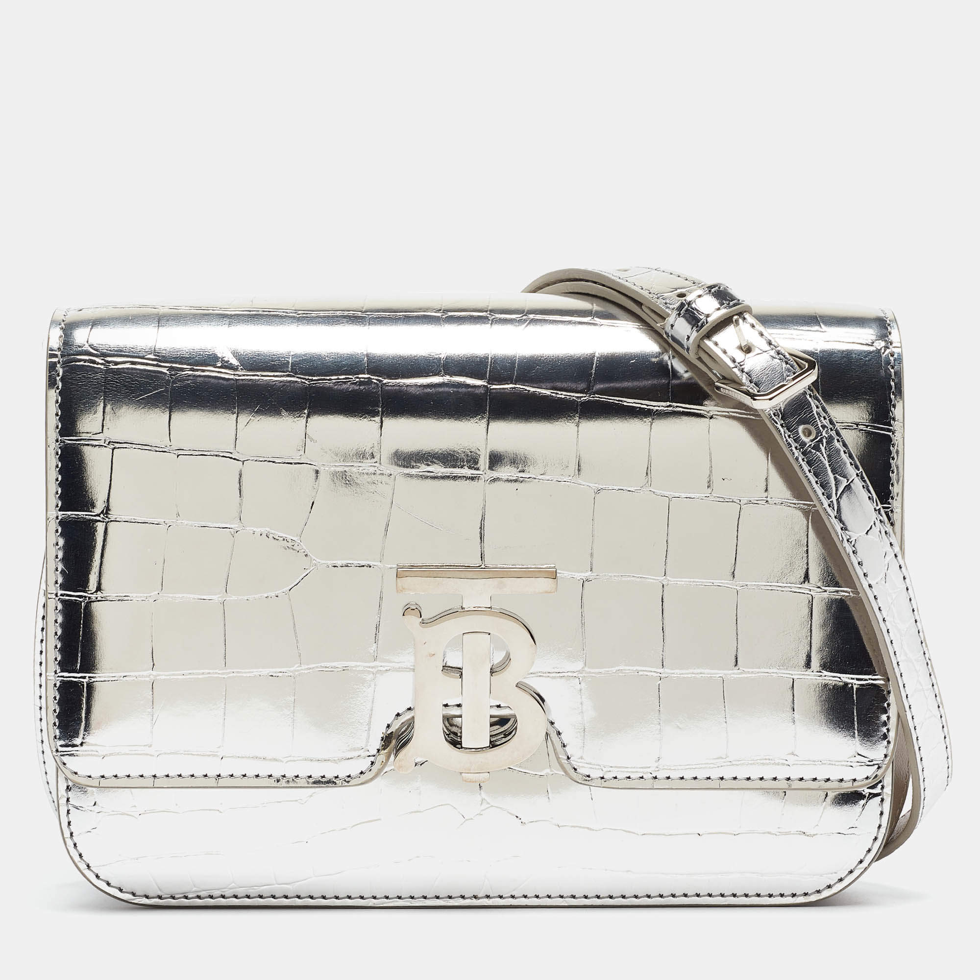 Burberry Silver Croc Embossed Leather Small TB Shoulder Bag