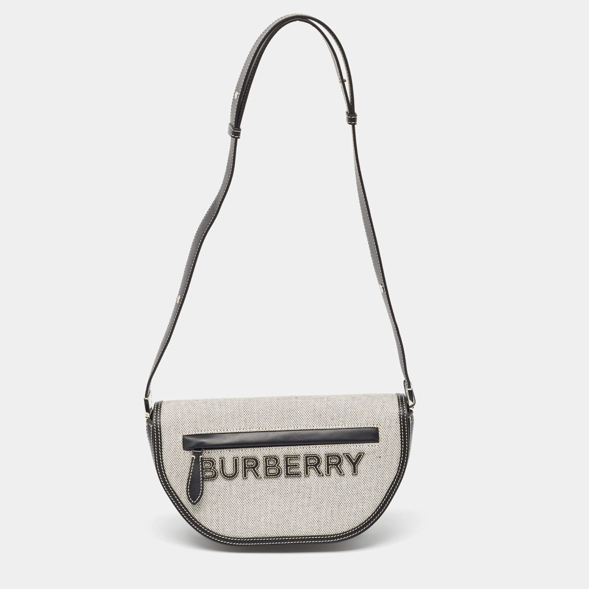 Pre Owned Burberry Black/White Canvas and Leather Small Olympia Shoulder Bag