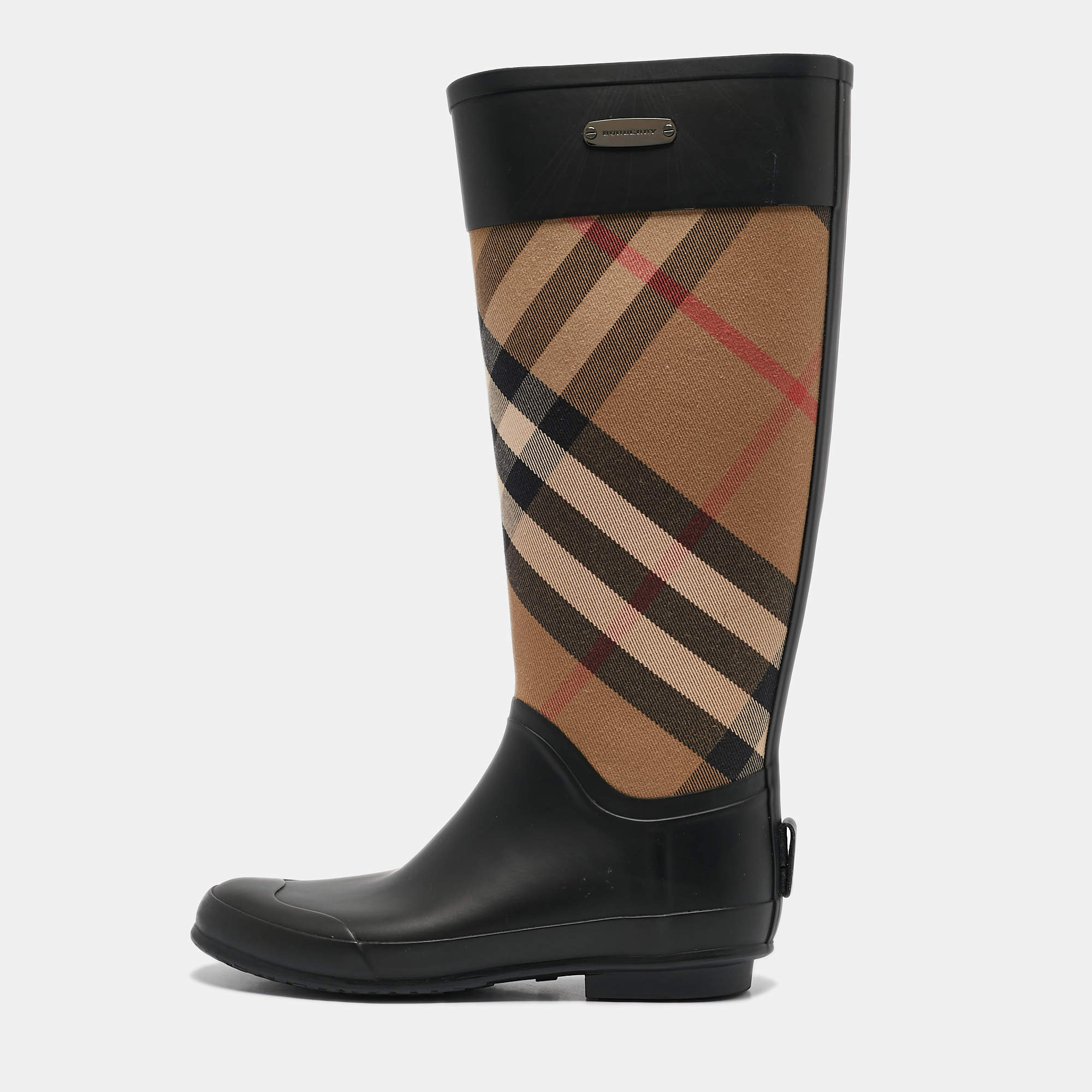 Burberry Beige/Black House Check Canvas and Rubber Clemence Rain Boots Size 37