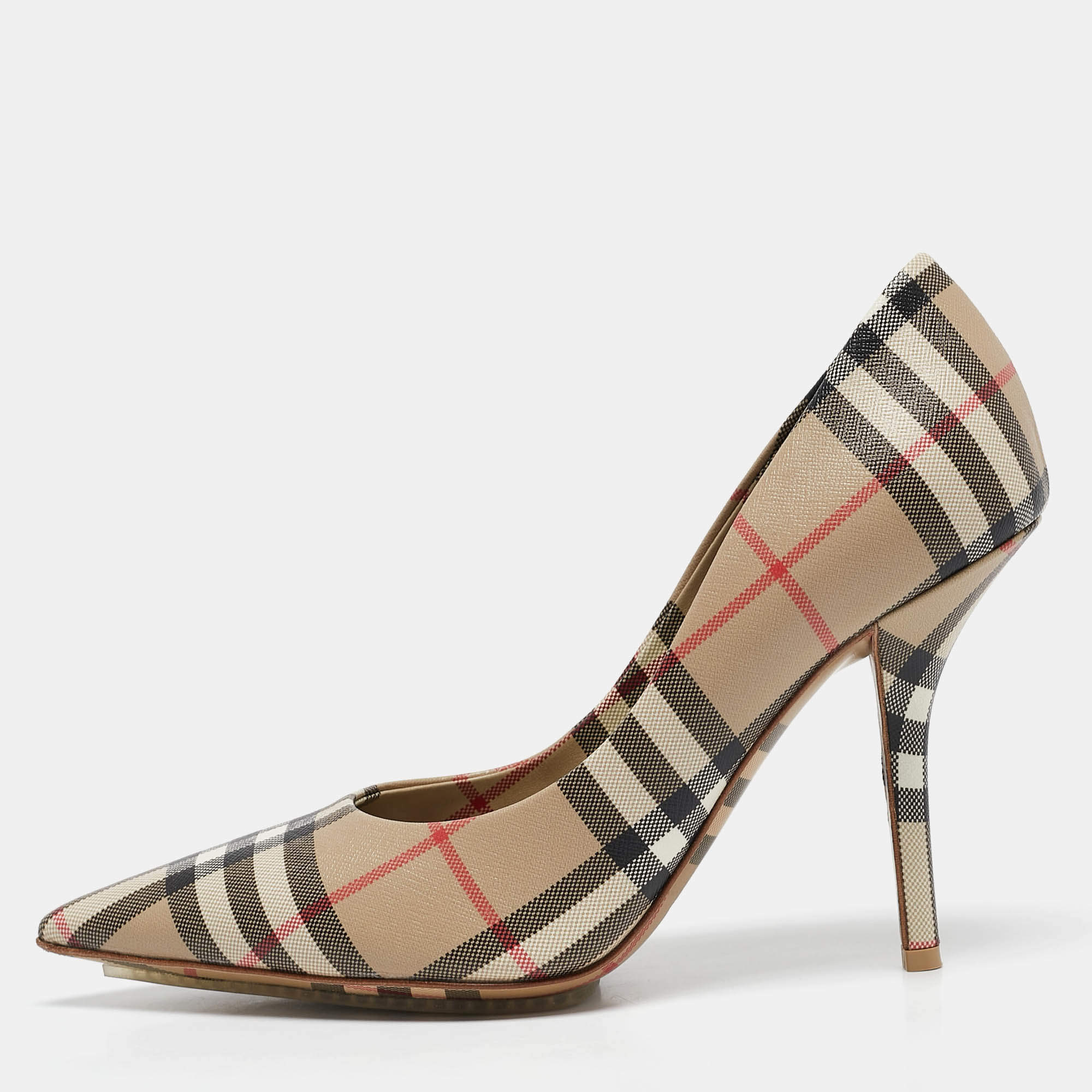 Burberry Beige Aubri Check Coated Canvas Pointed Toe Pumps Size 39