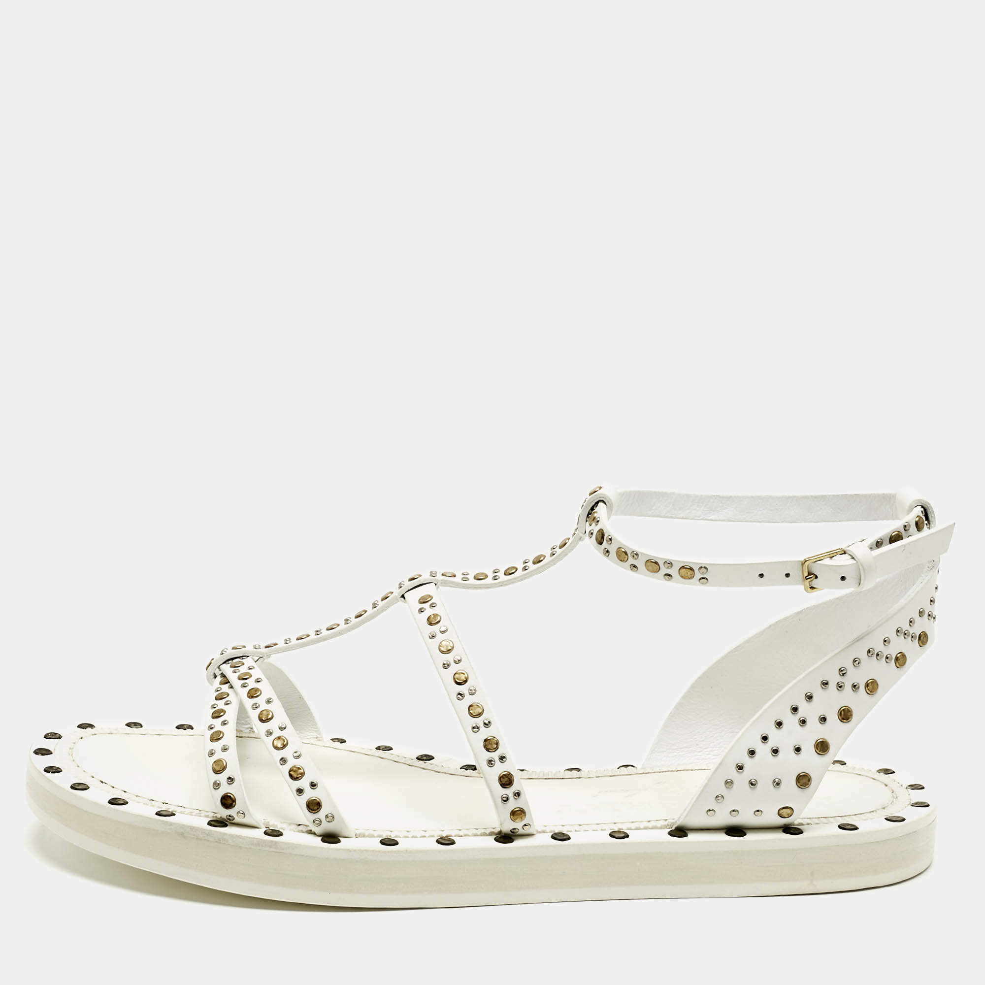 Pre Owned Burberry White Leather Studded Hansel Flat Sandals Size 39.5