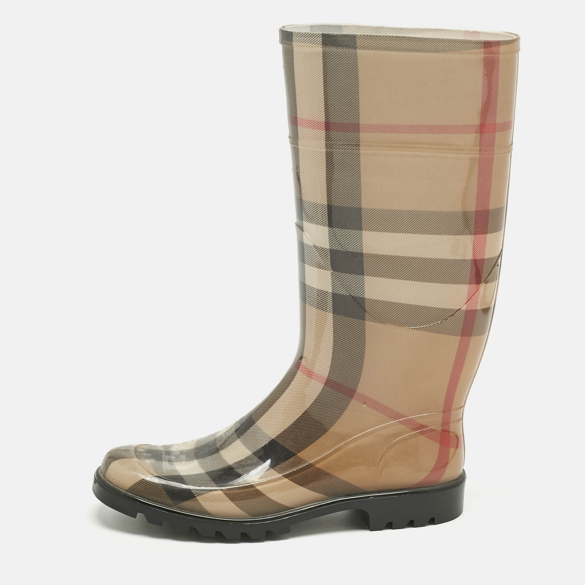 Pre Owned Burberry Beige PVC House Check Rain Boots Size 38
